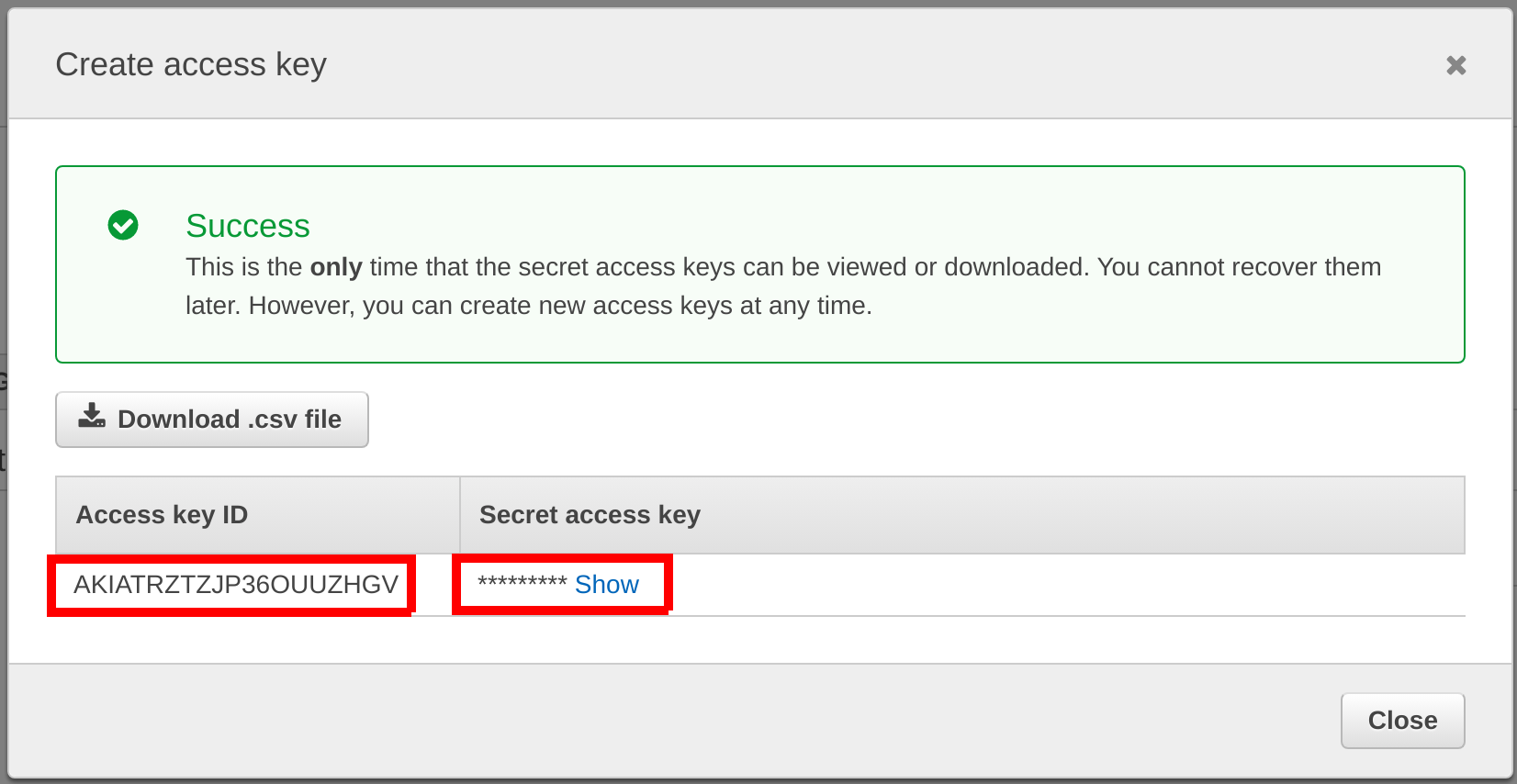 Configuring the access key on AWS step 3