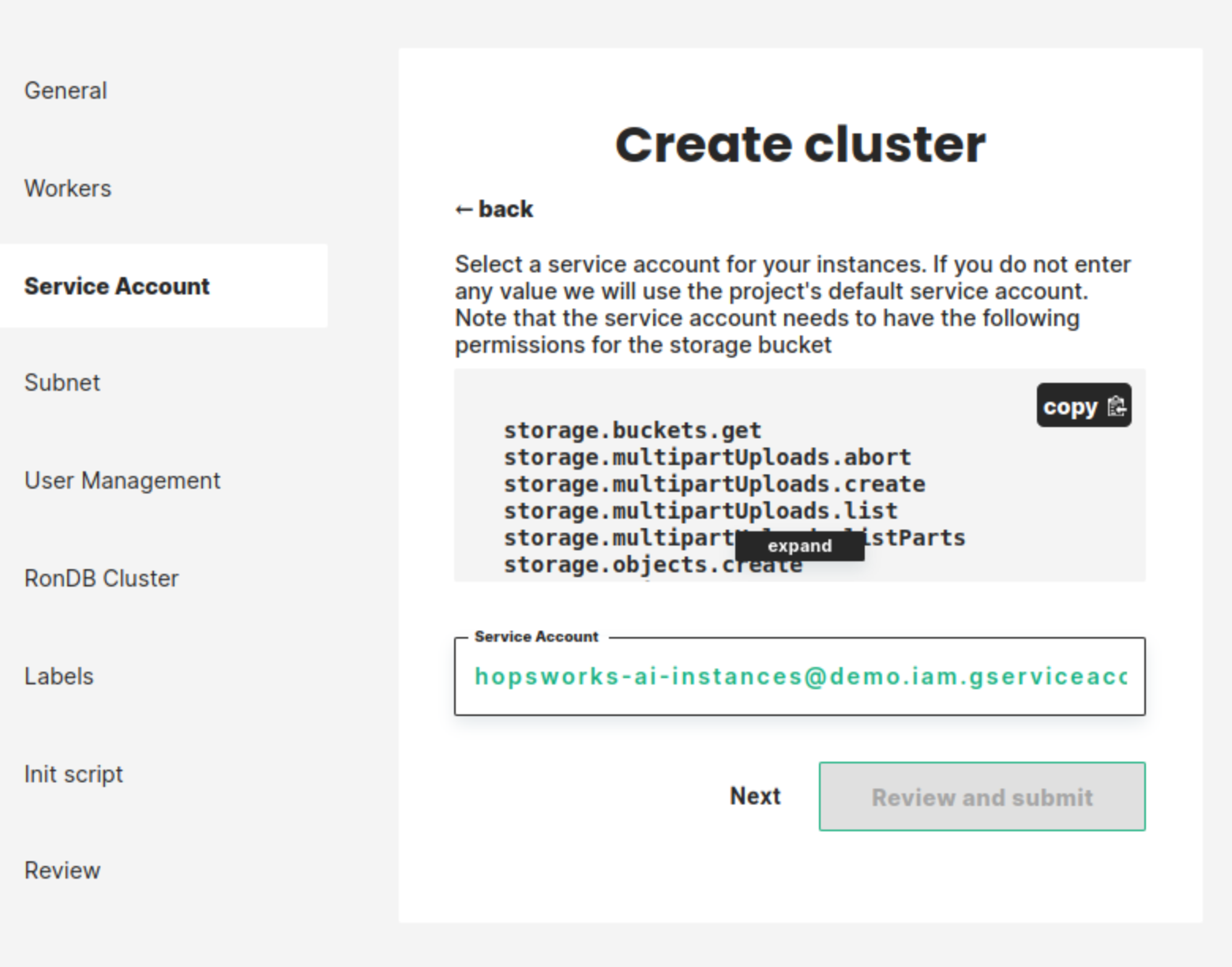 Set the instance service account