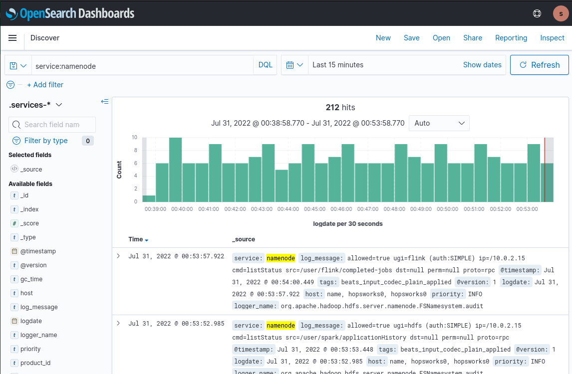 OpenSearch Dashboards with services logs