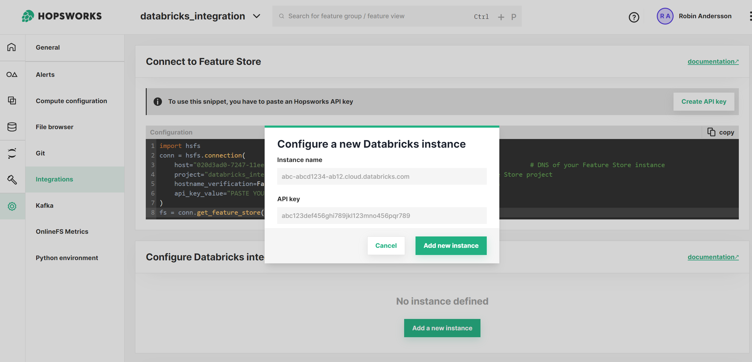Register a Databricks Instance along with a Databricks API key