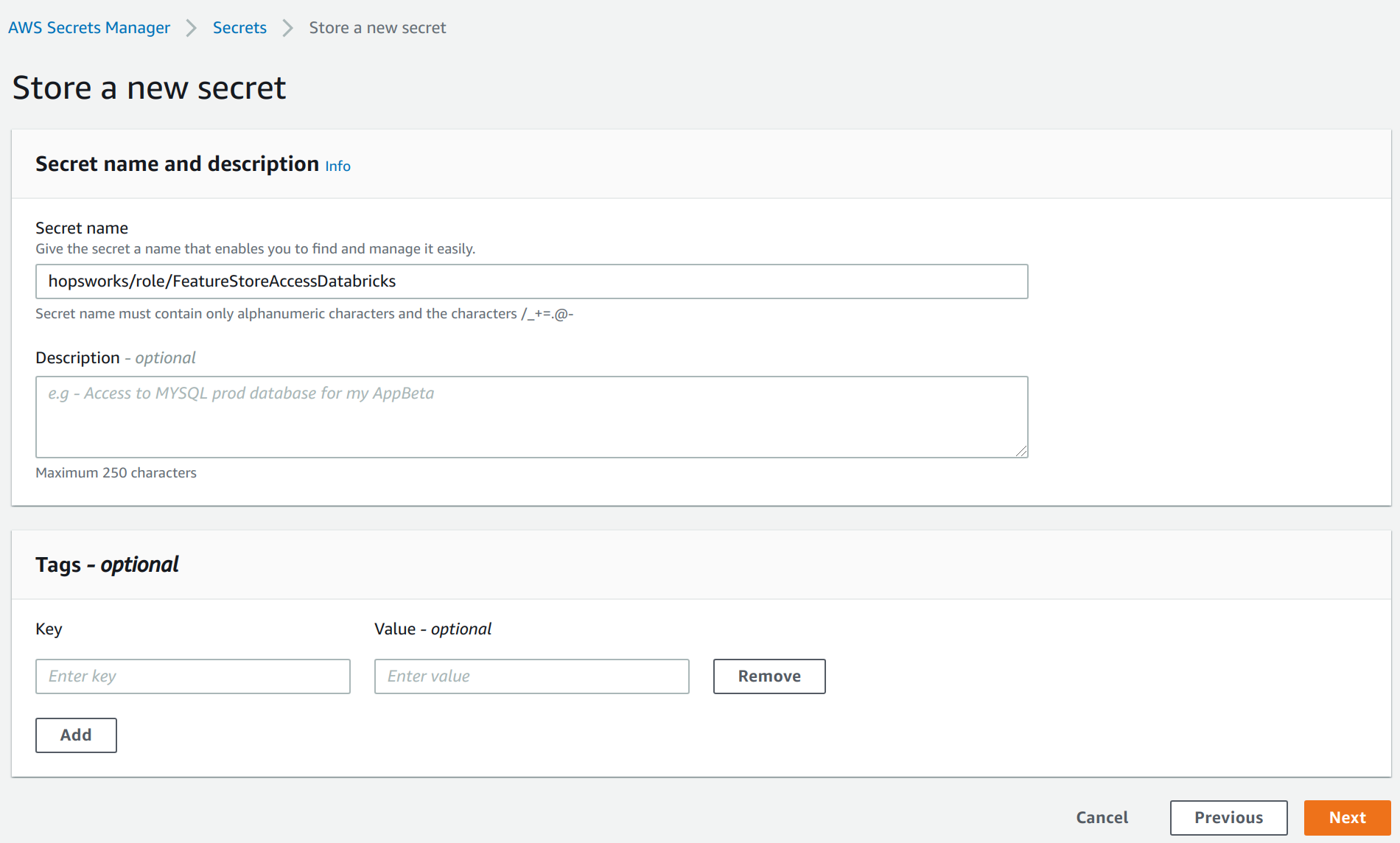 Storing a Feature Store API key in the Secrets Manager Step 2