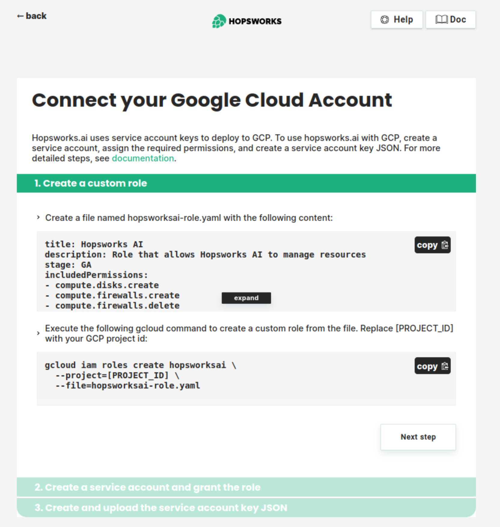 GCP configuration page