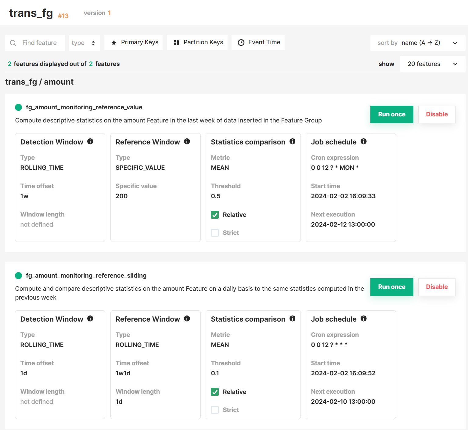 List of feature monitoring configs