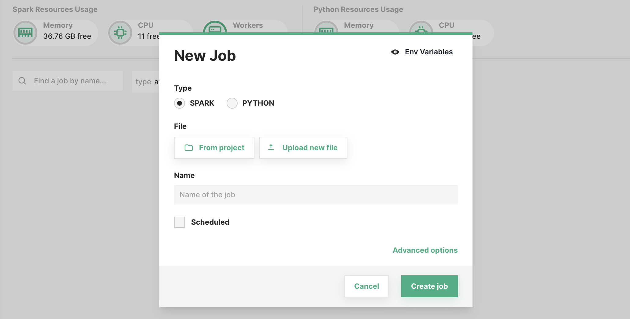 Create new job dialog