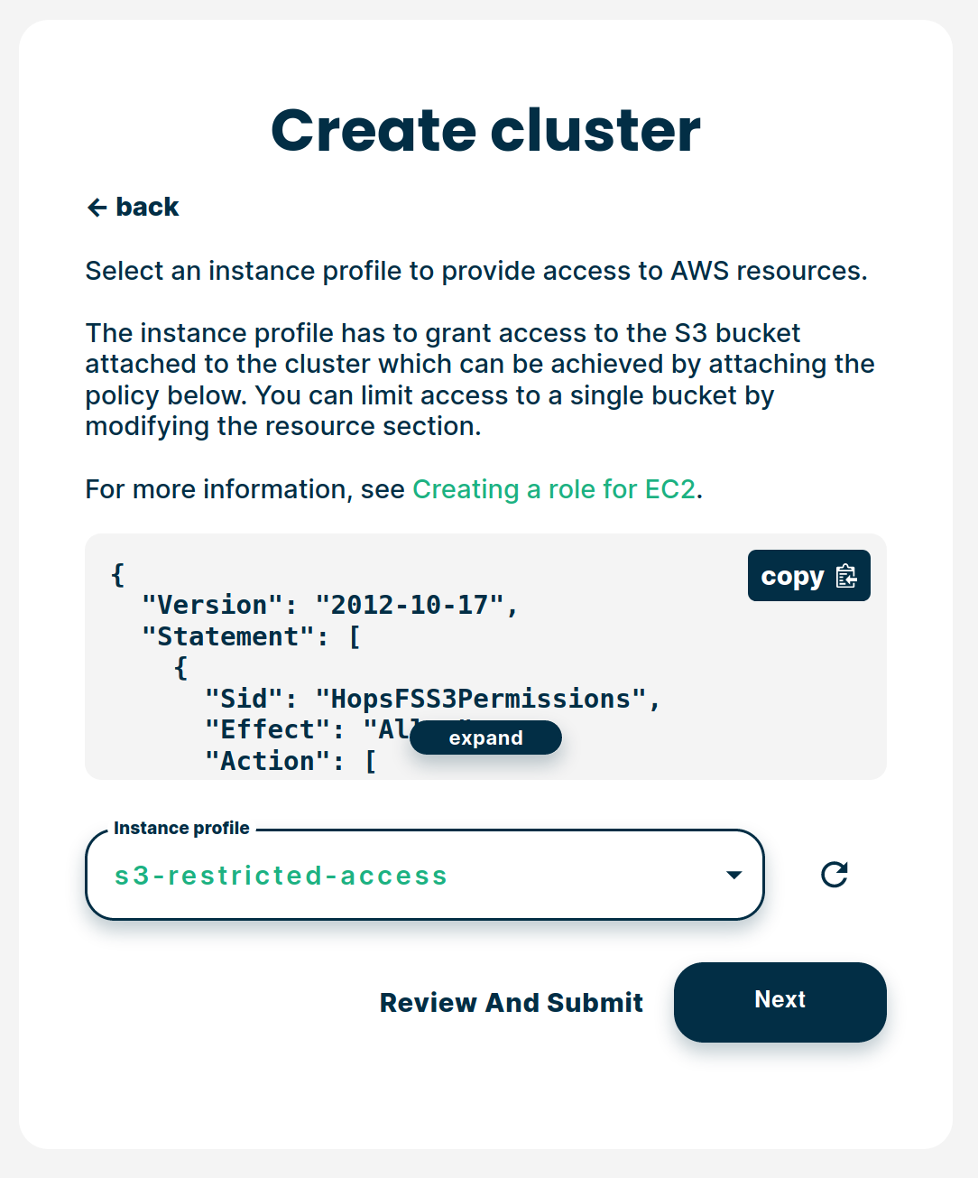 Choose the instance profile