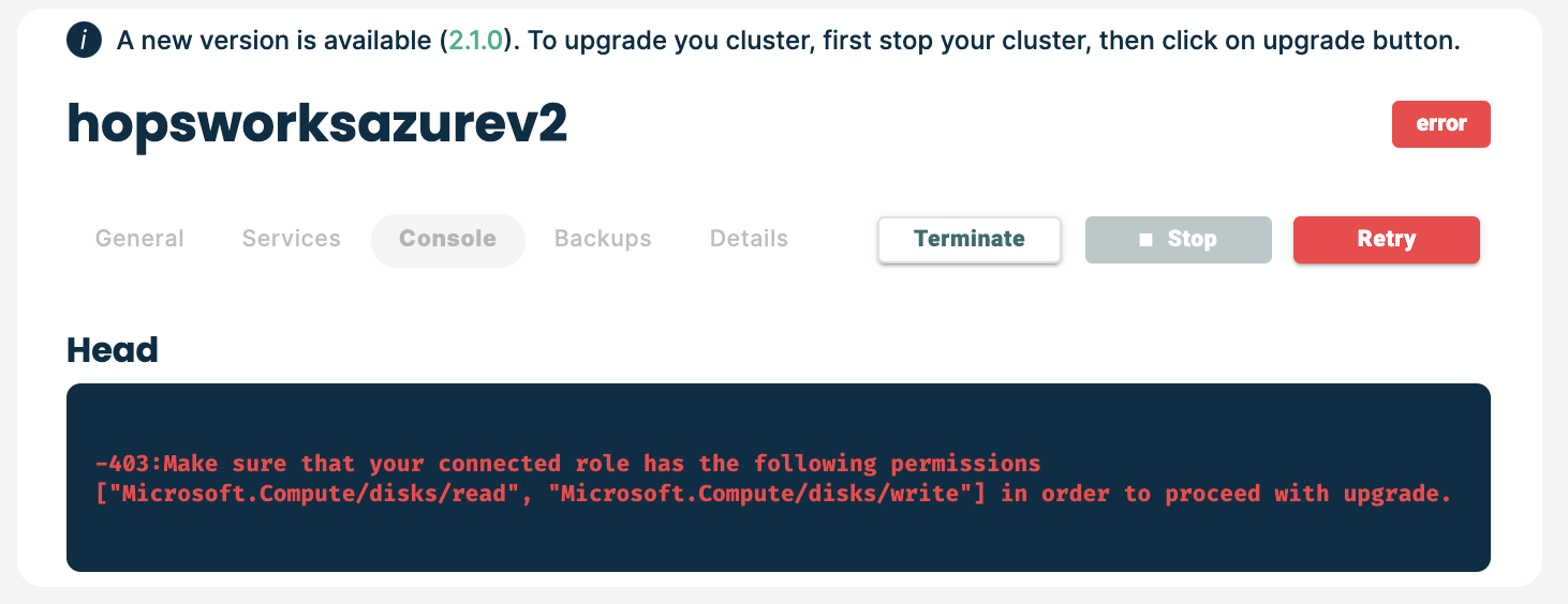 Azure upgrade permission error