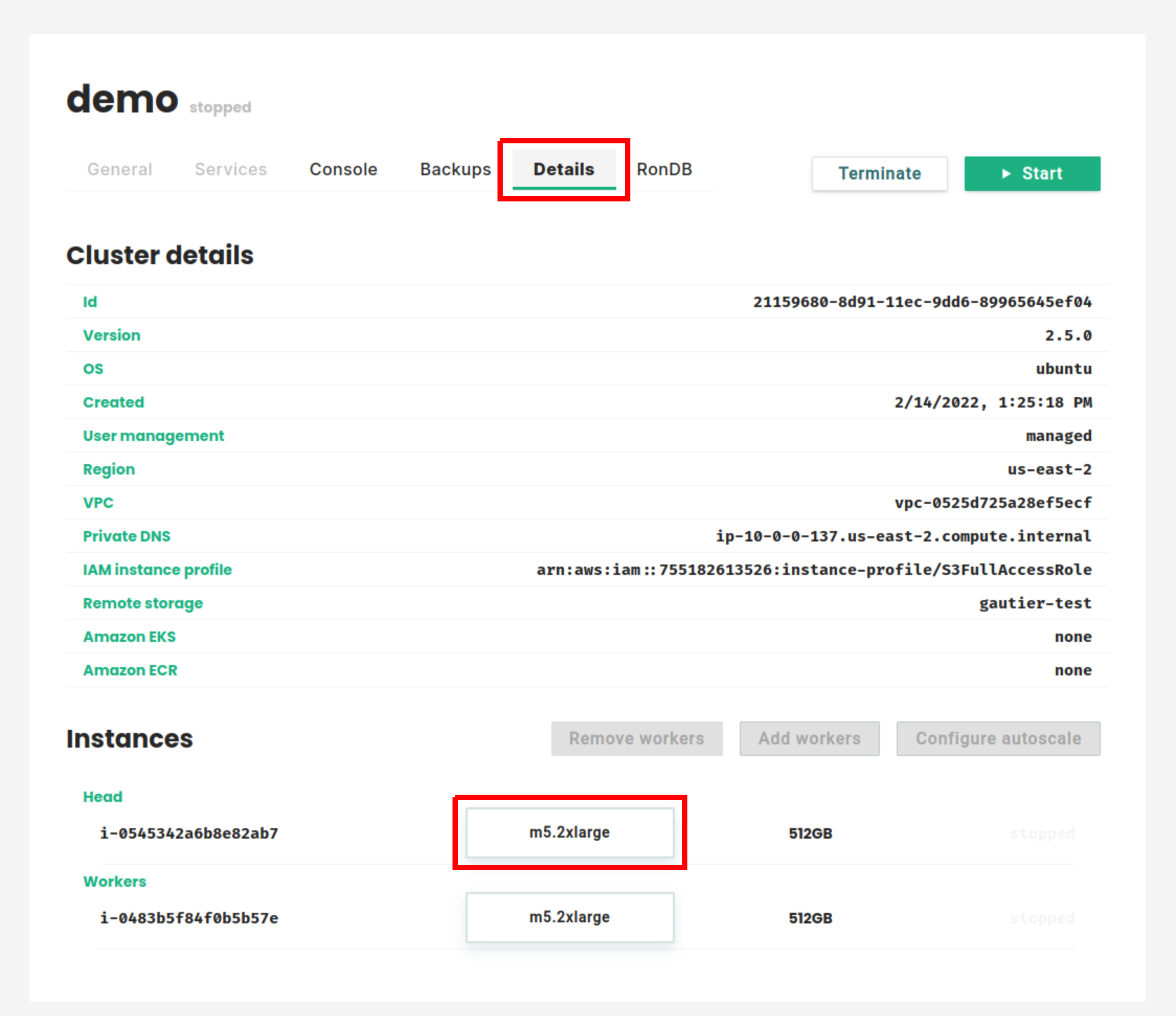 Go to details tab an click on the head node instance type