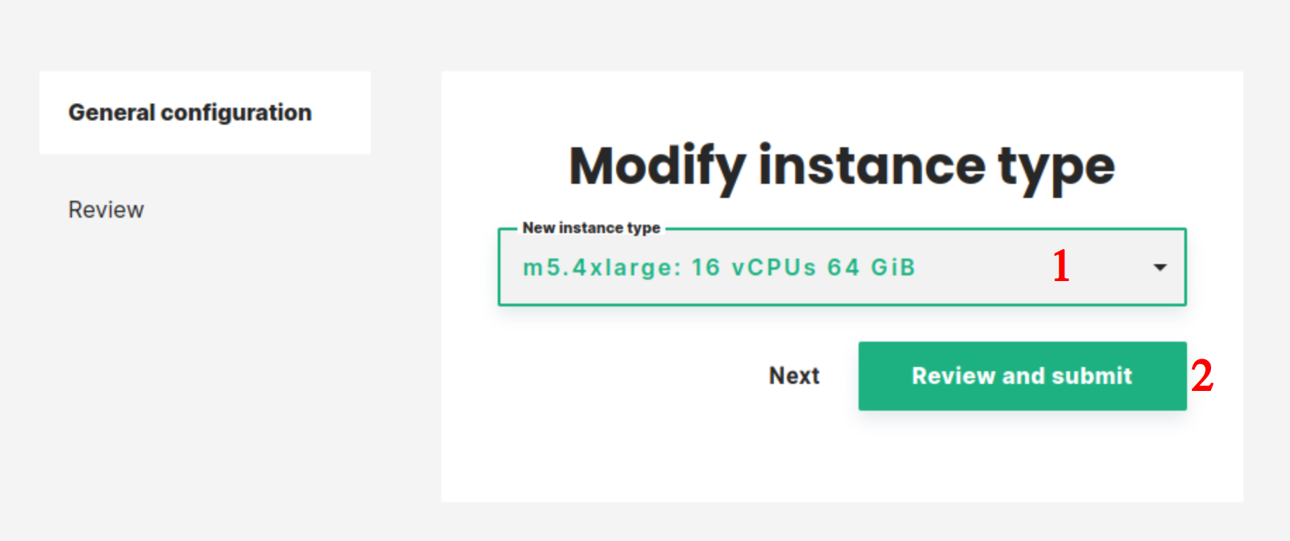 Select the new instance type for the heade node
