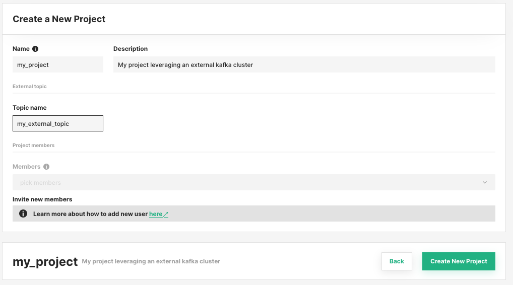 Example project creation when using an external Kafka cluster