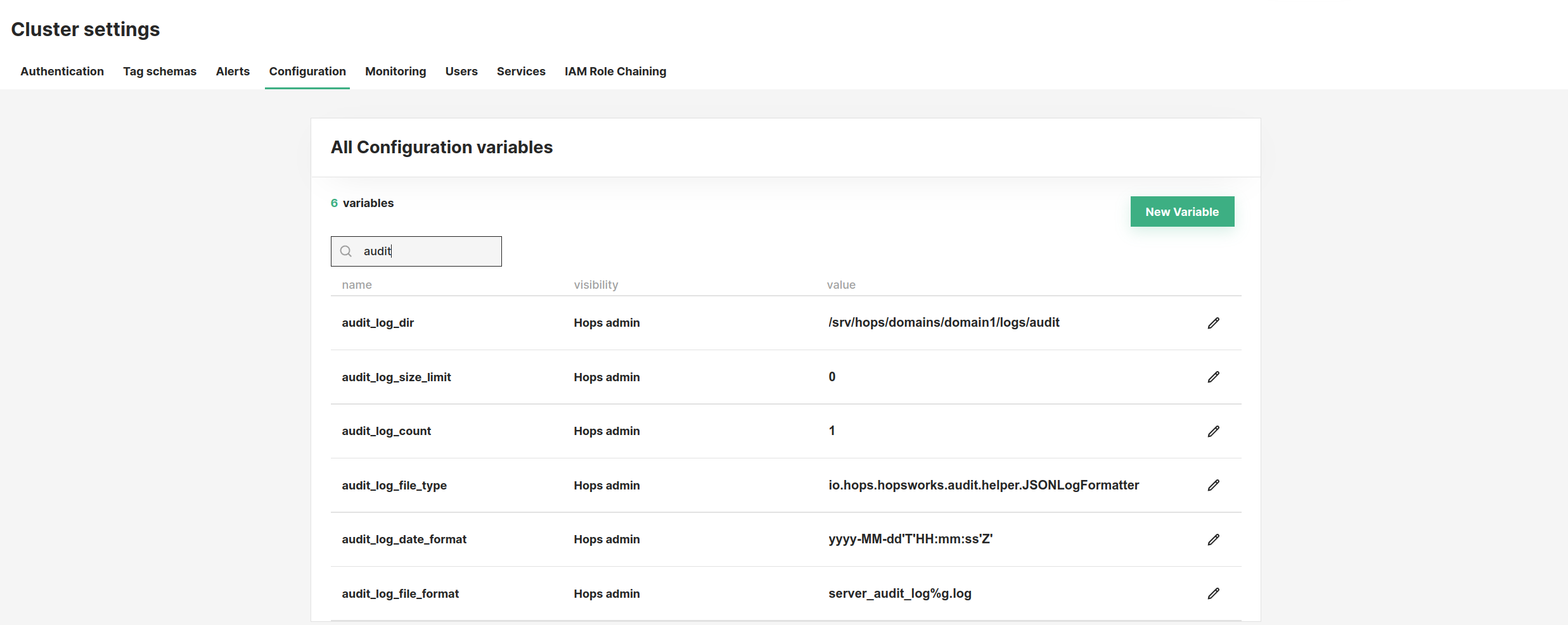 Audit log configuration