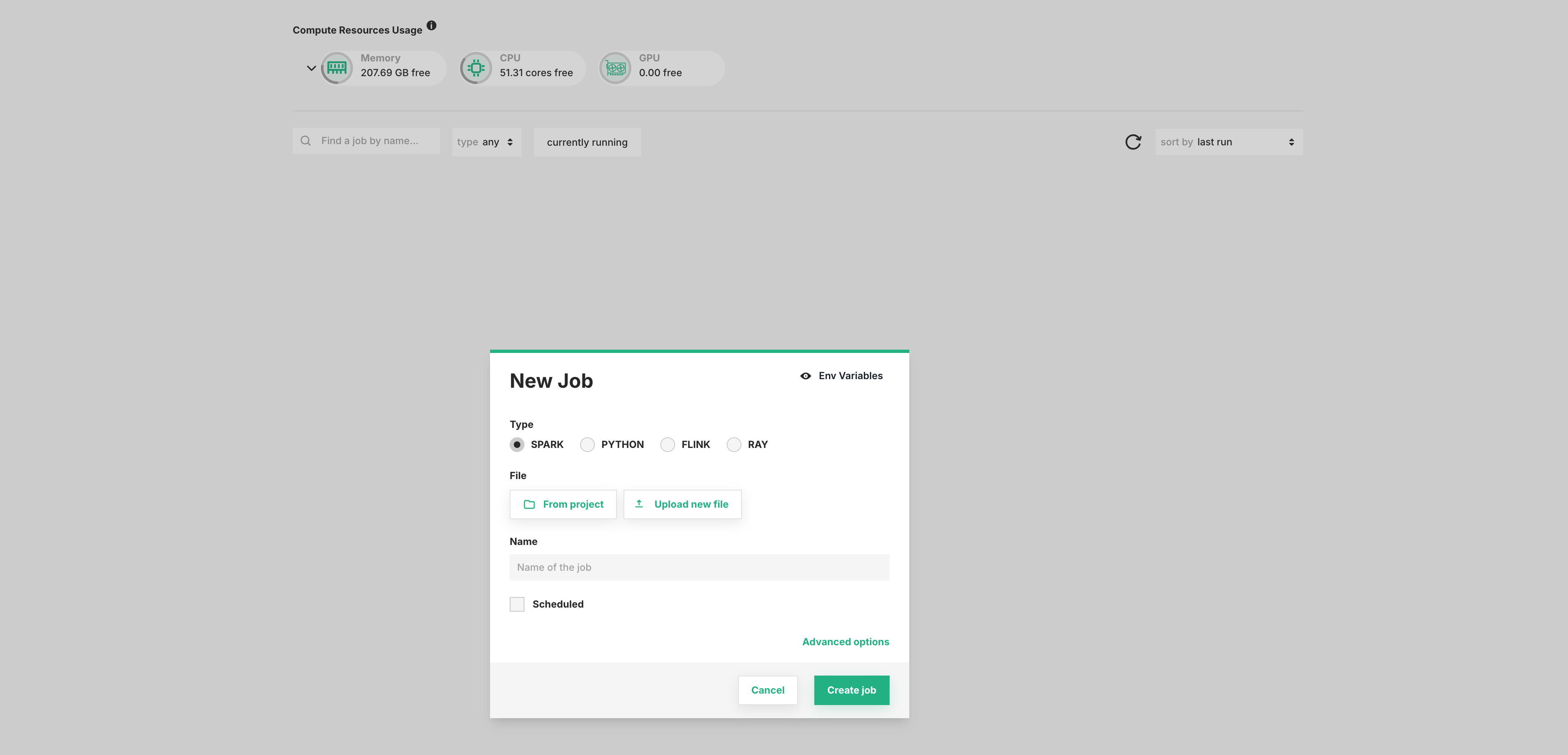 Create new job dialog