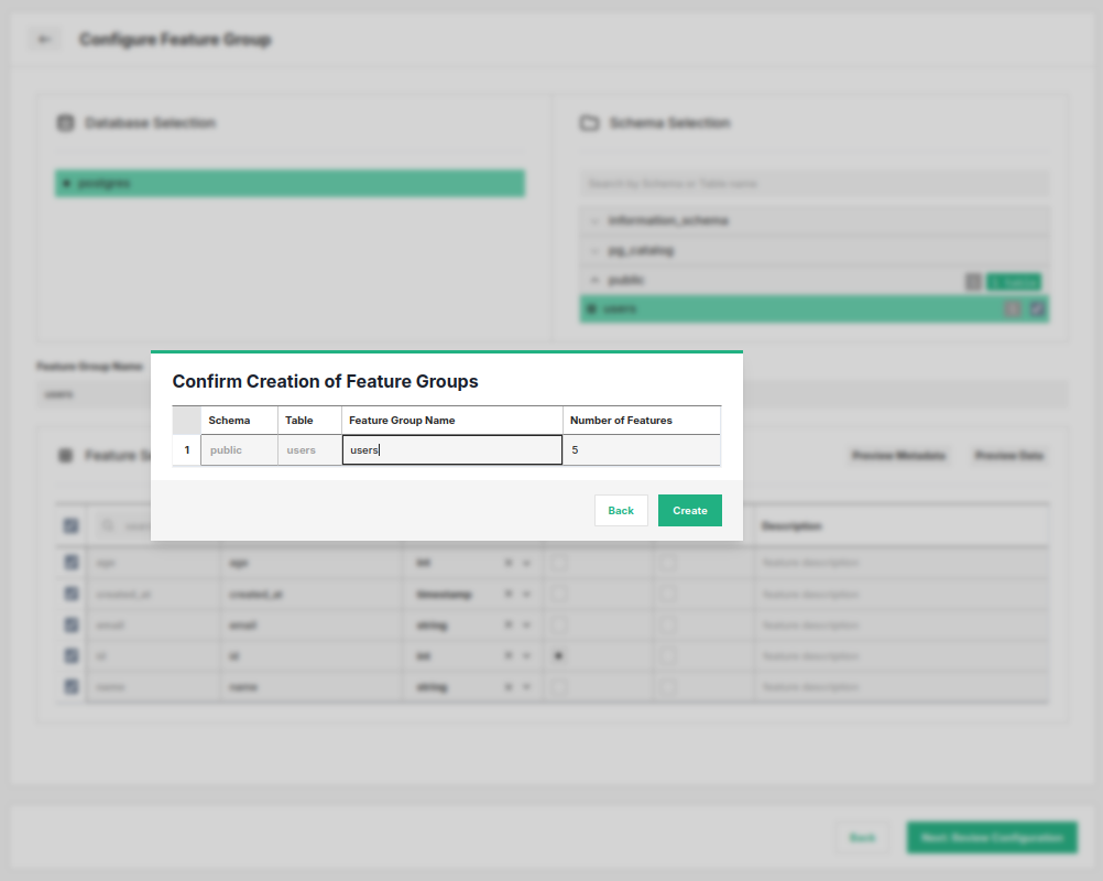 Confirm the creation of a new feature group