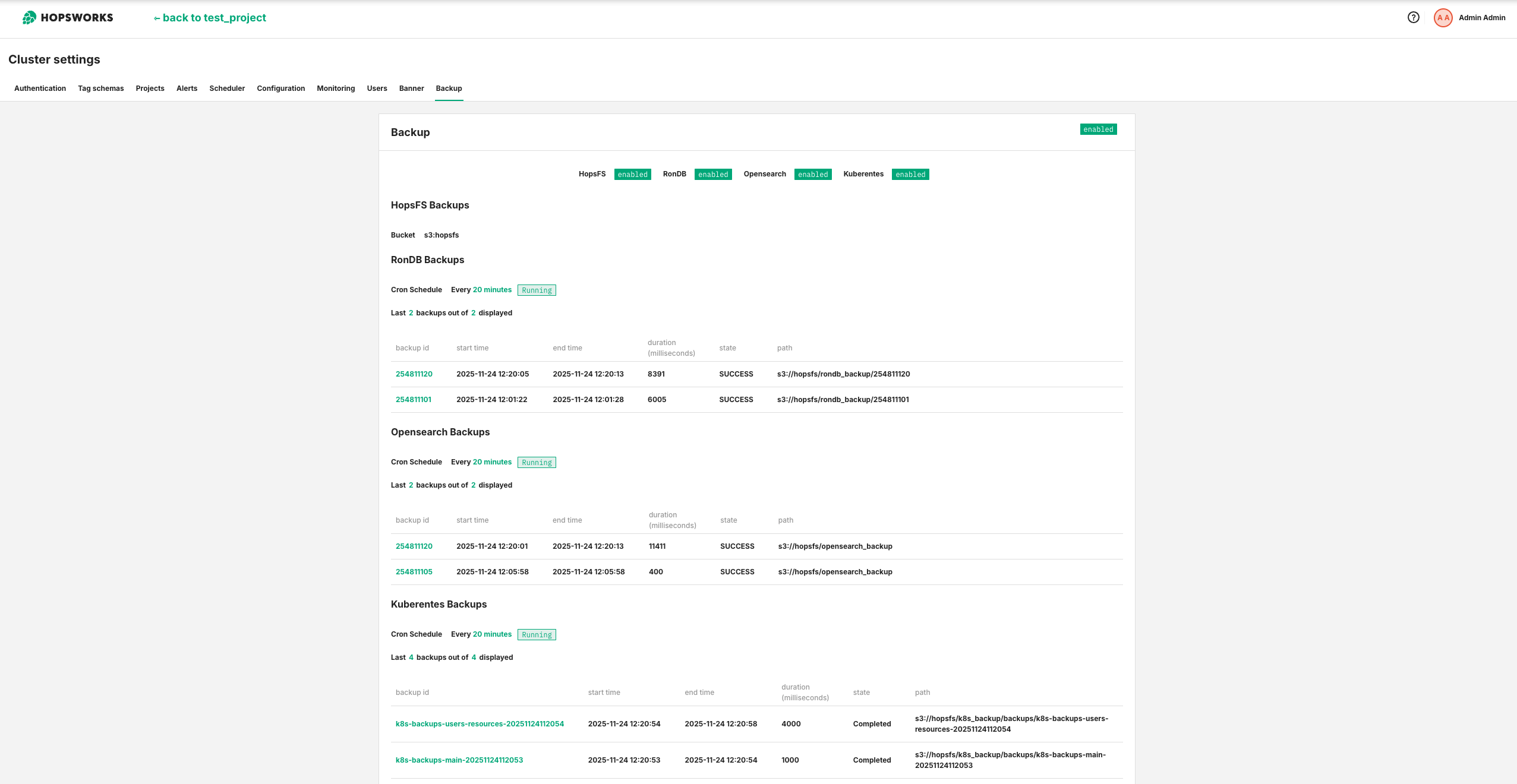 Backup overview page