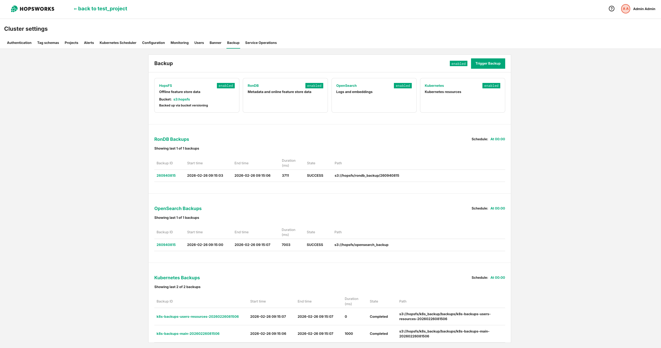 Backup overview page