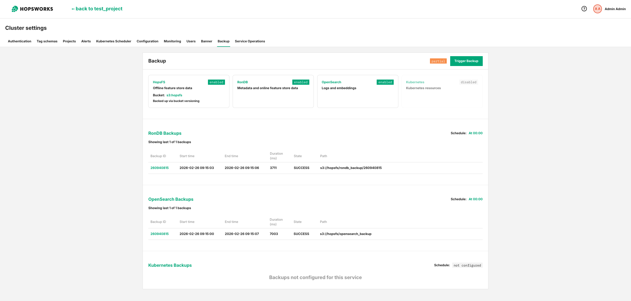 Backup overview page (partial setup)