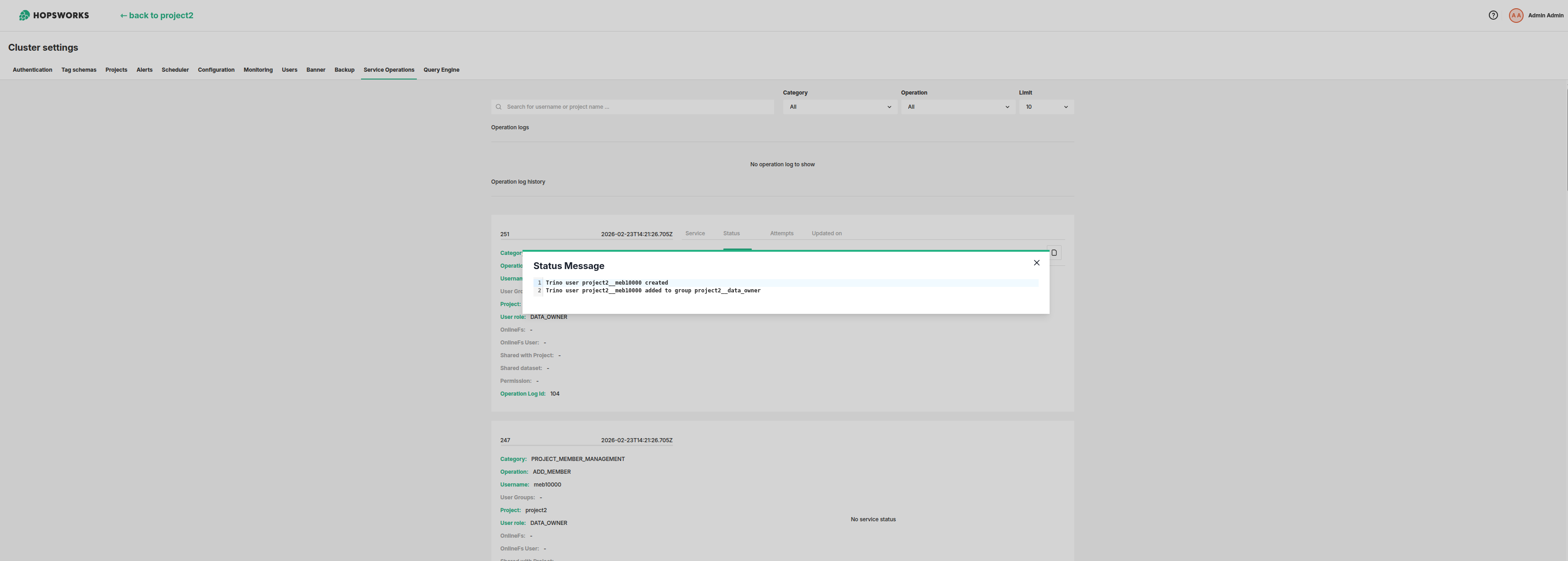 Service Operations status message