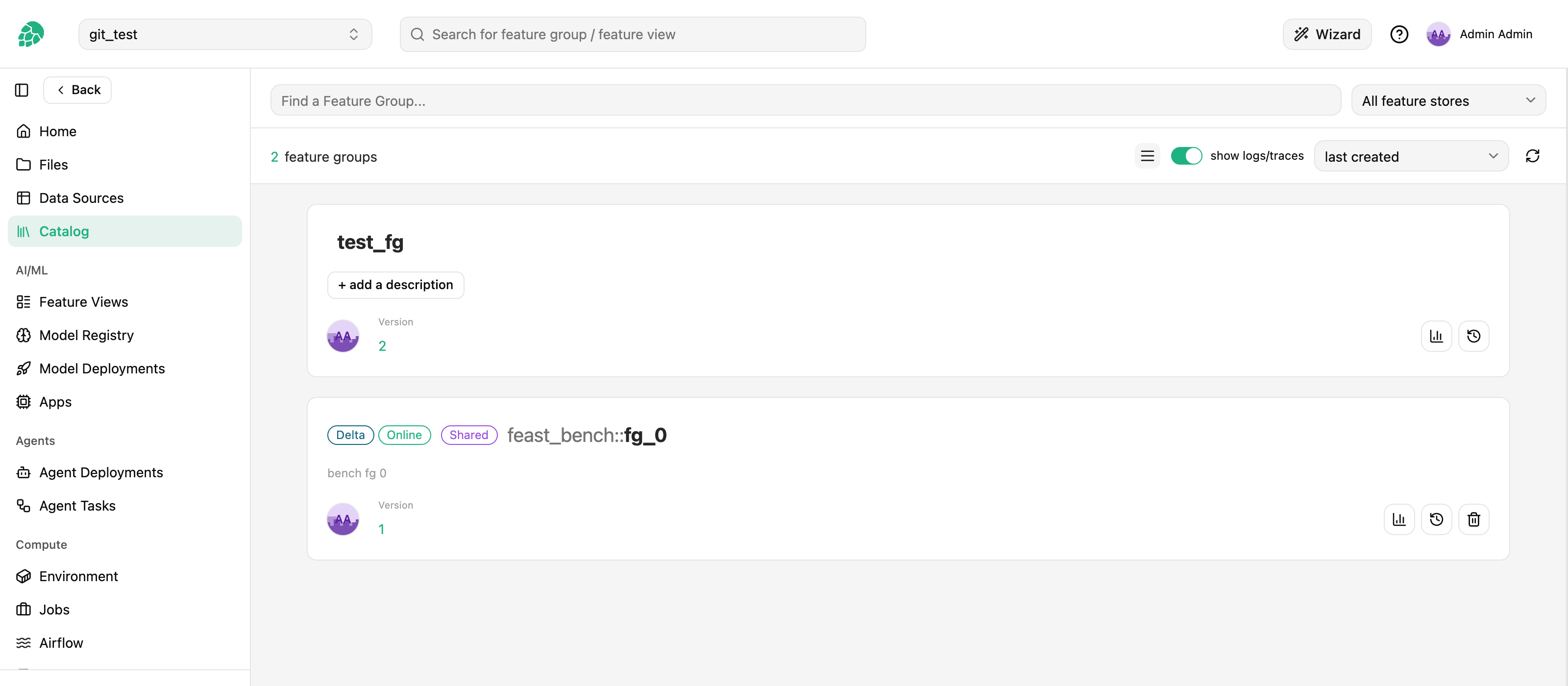 The Catalog listing the project's feature groups with their format, online and shared badges