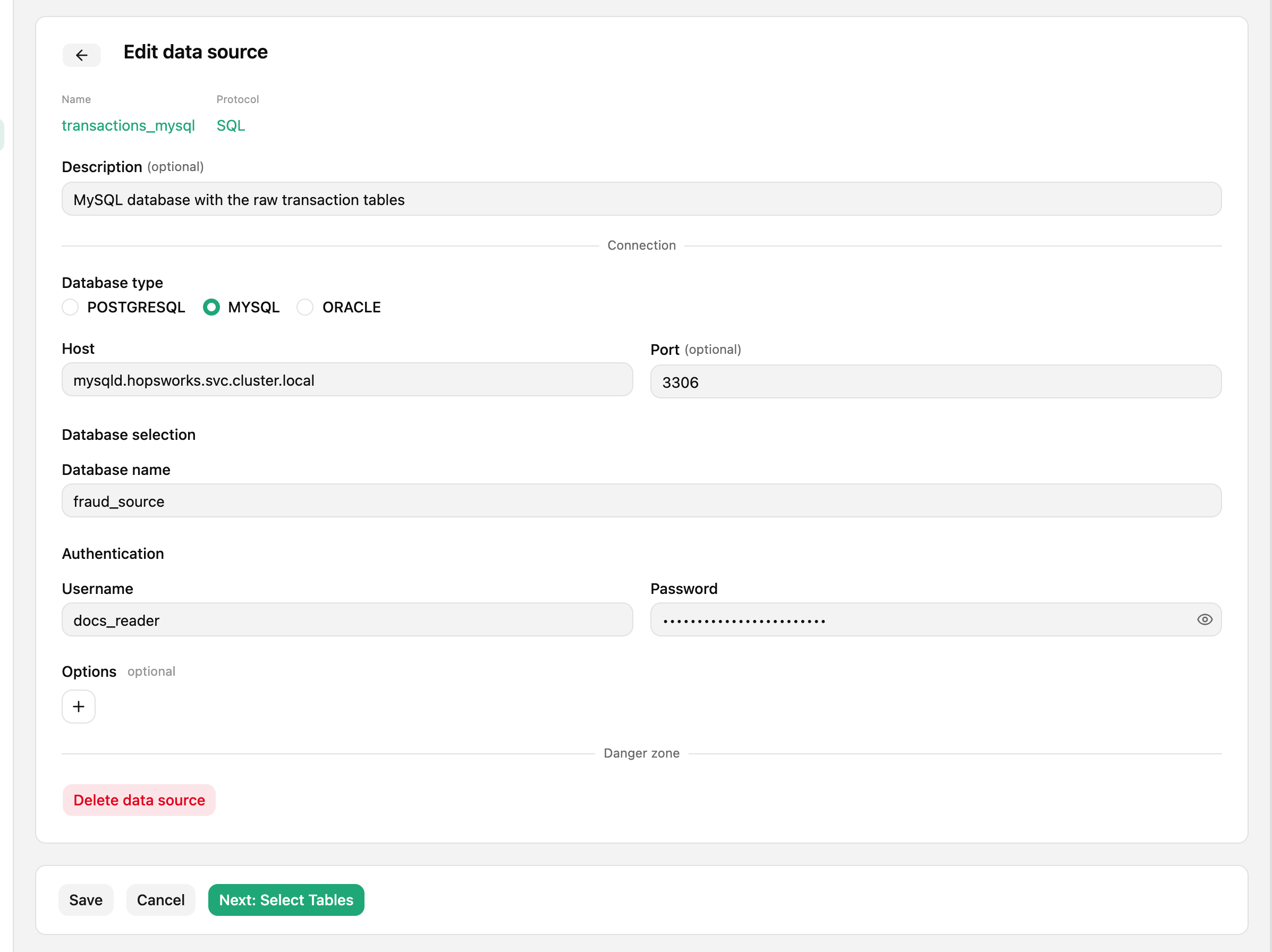 Edit data source form with the Next: Select Tables button