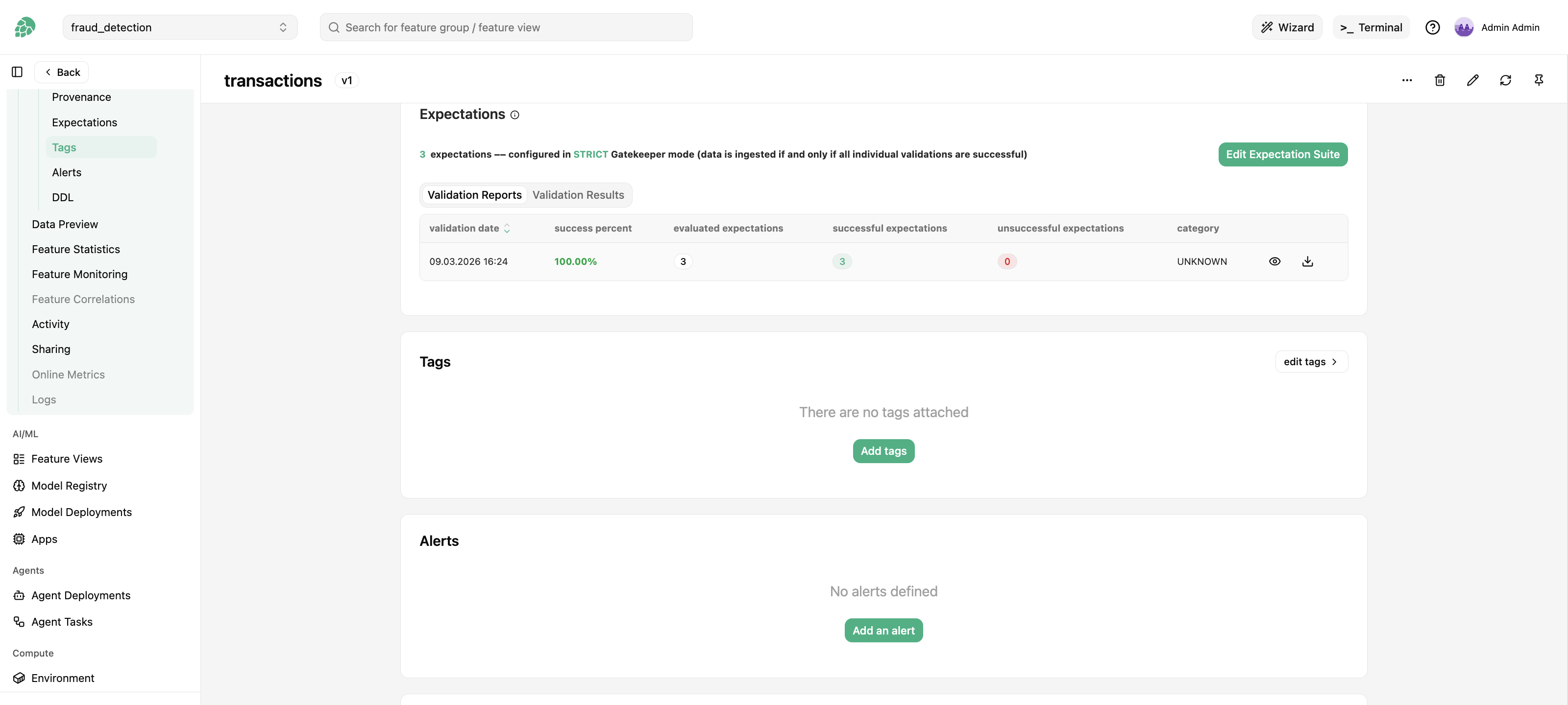 Expectations section of a feature group showing the validation reports table