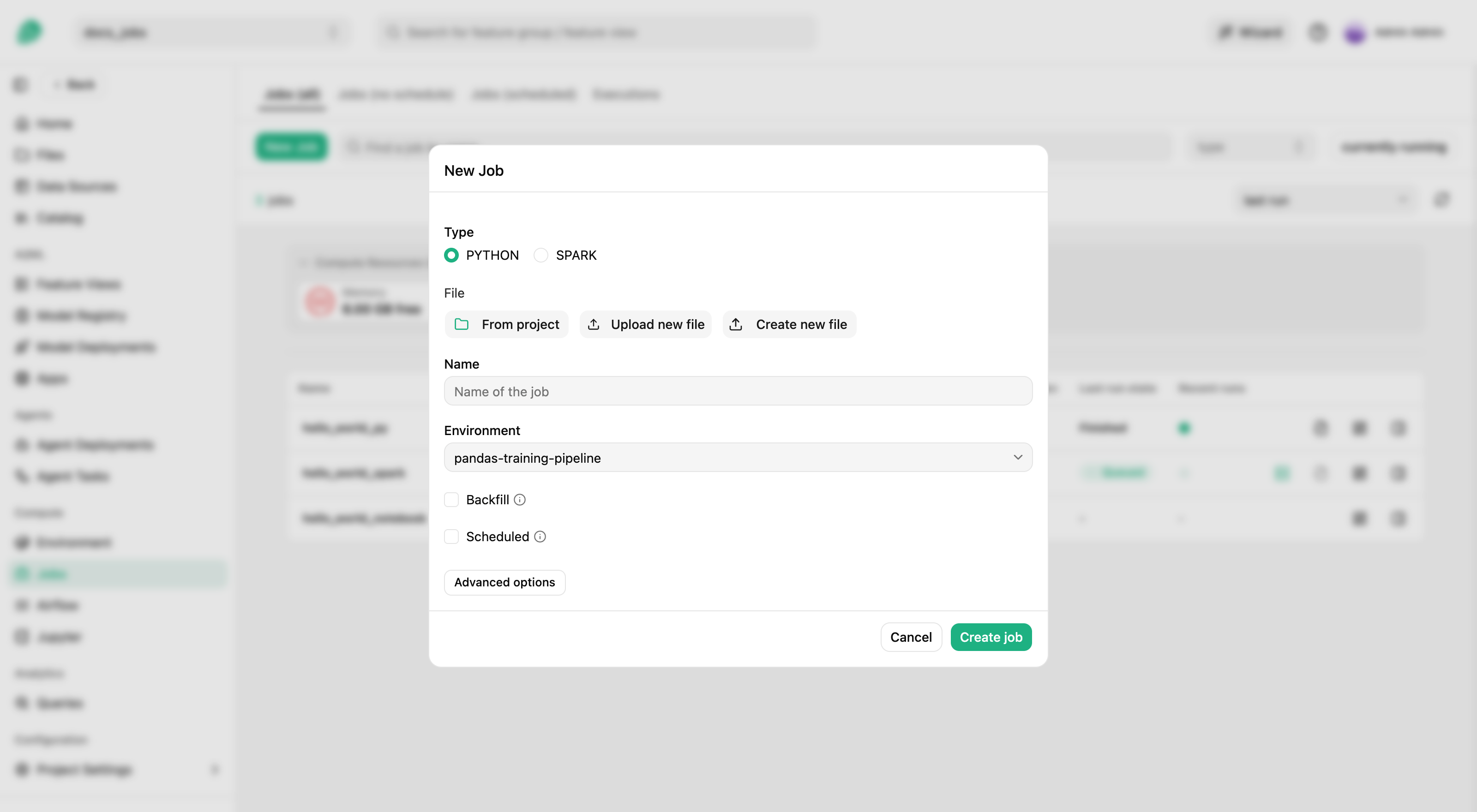 Create new job dialog