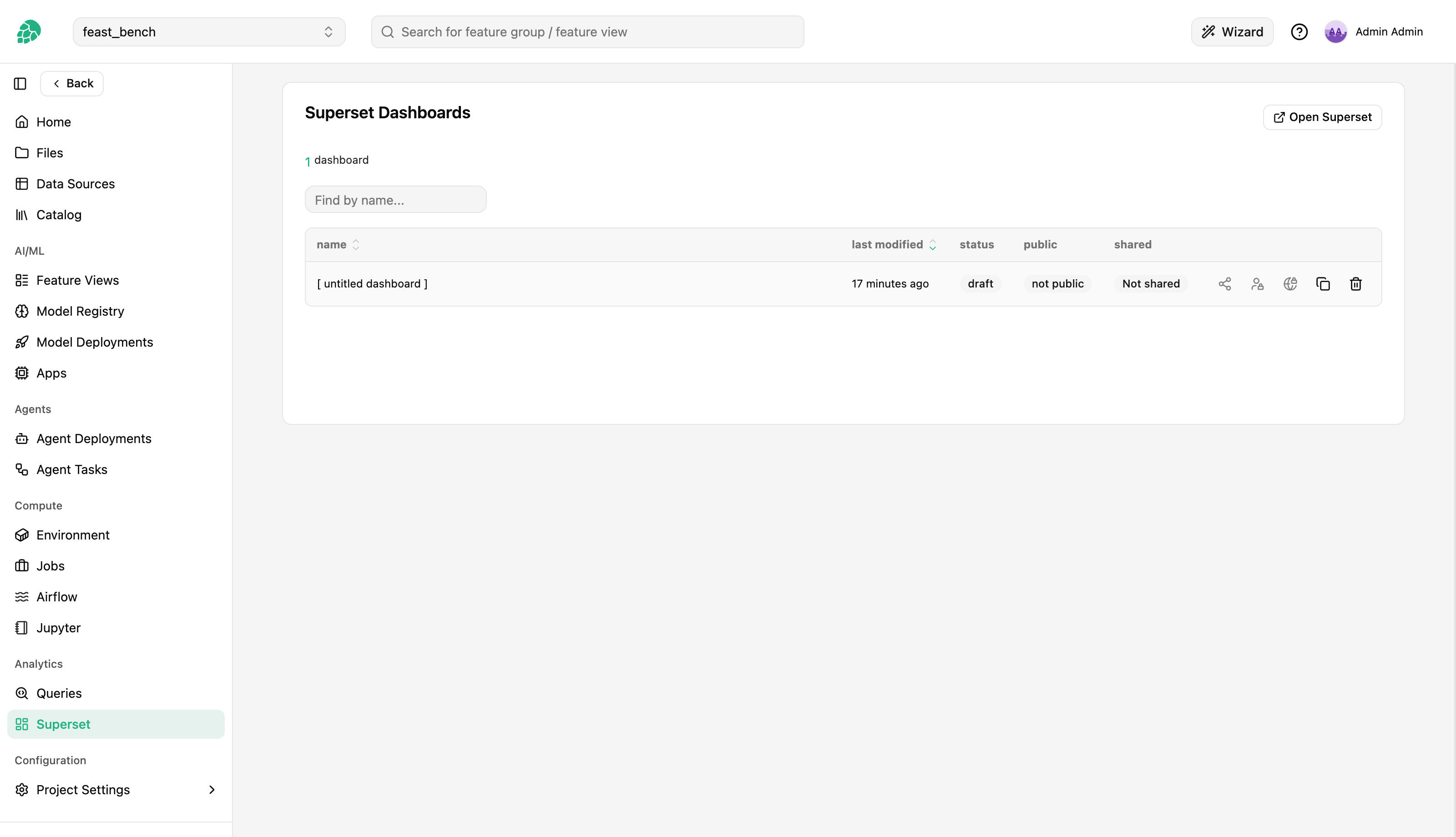 Superset dashboards listed inside a Hopsworks project