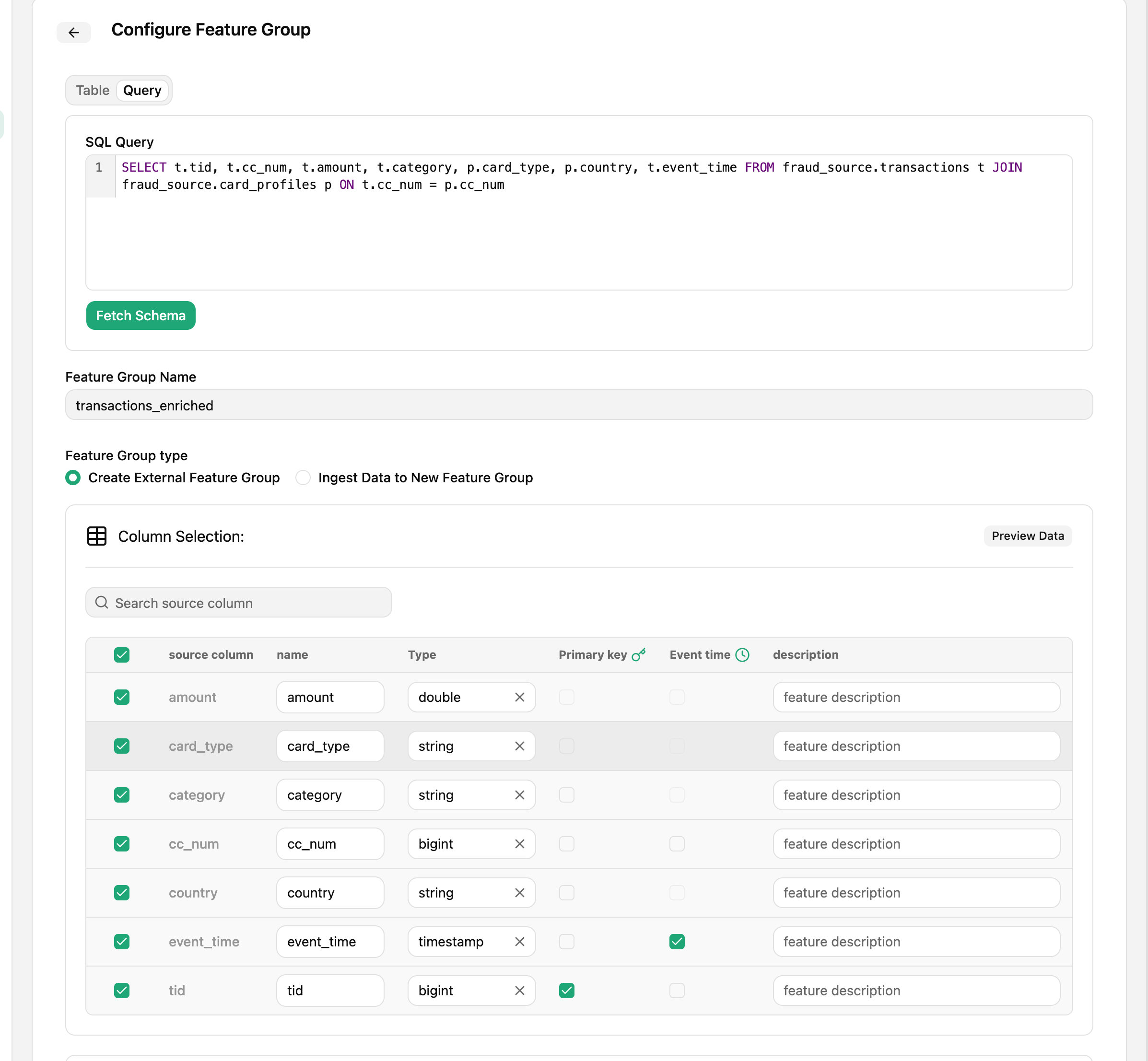 Define a SQL query in the data source and configure its columns