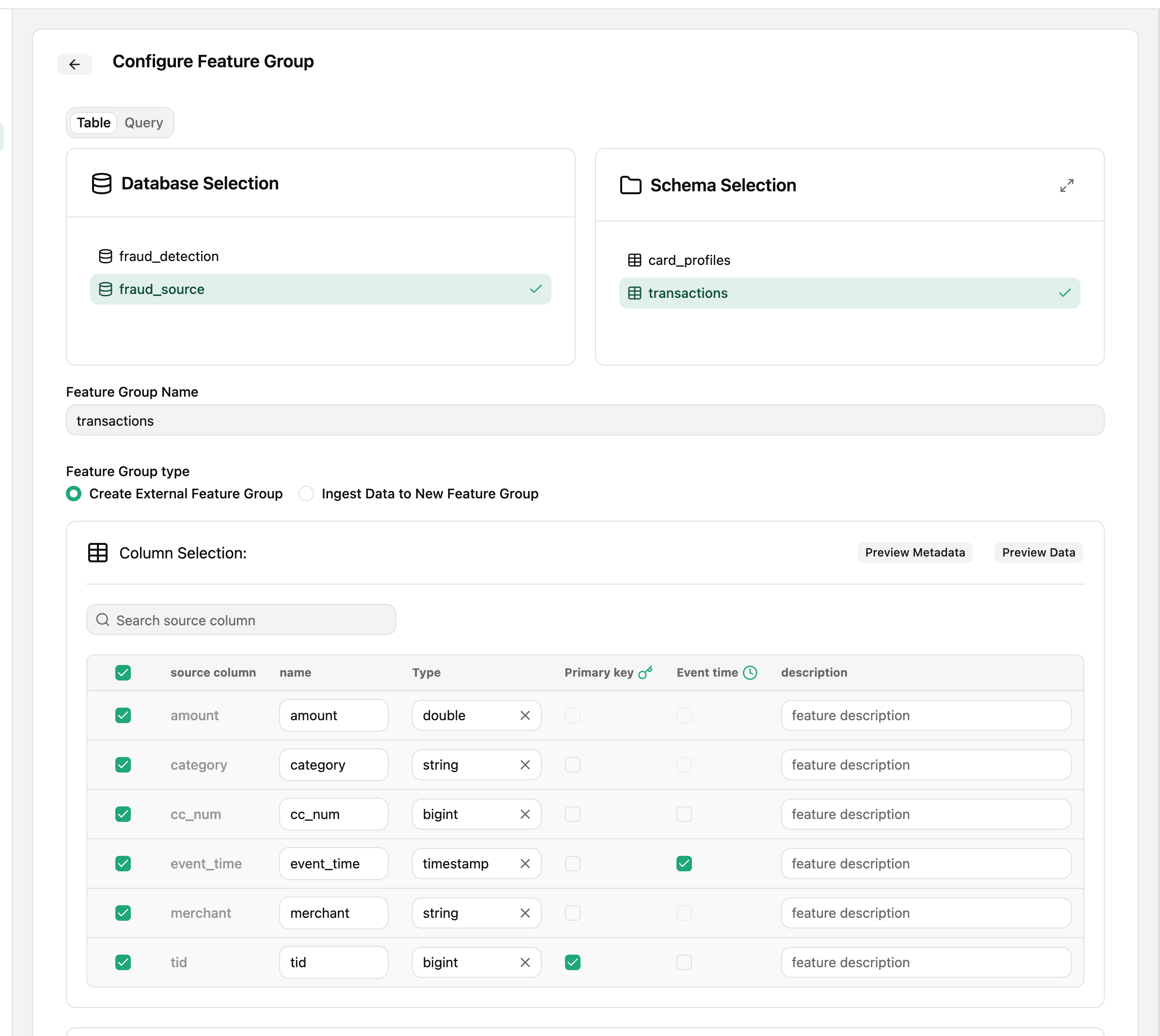 Select a table in the data source and configure its columns