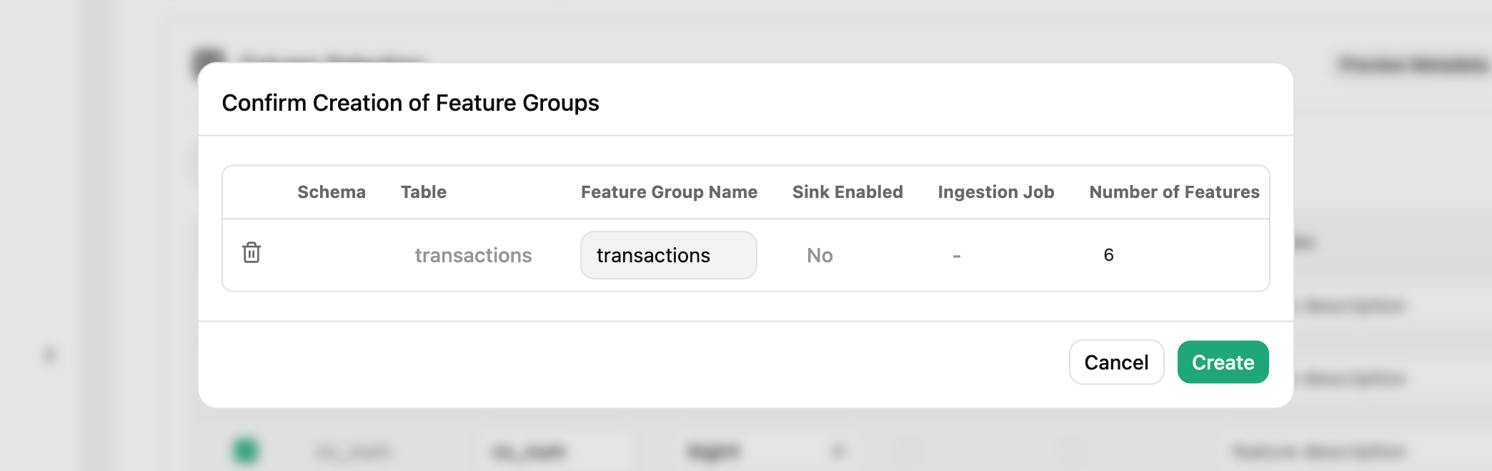 Confirm the creation of a new feature group
