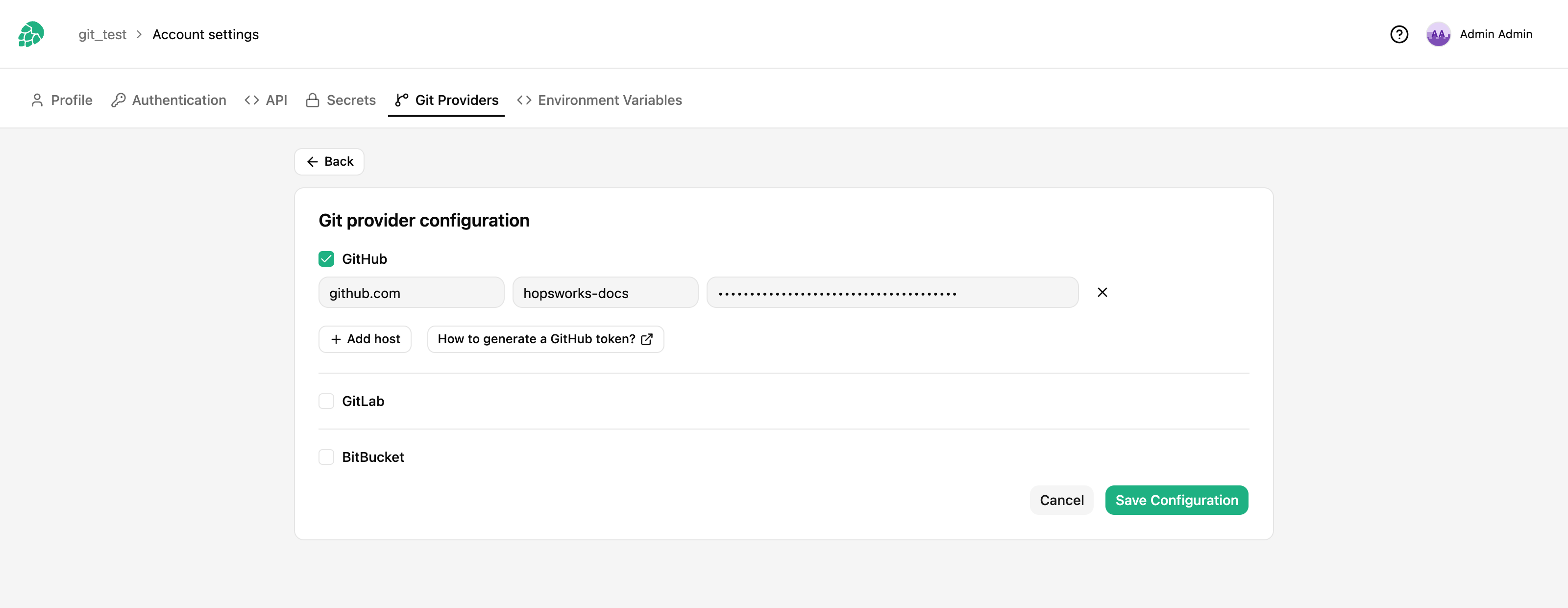 Git provider configuration