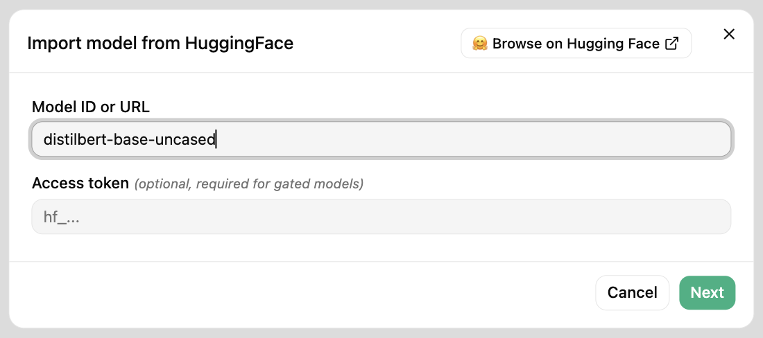 HuggingFace import modal with the model ID field