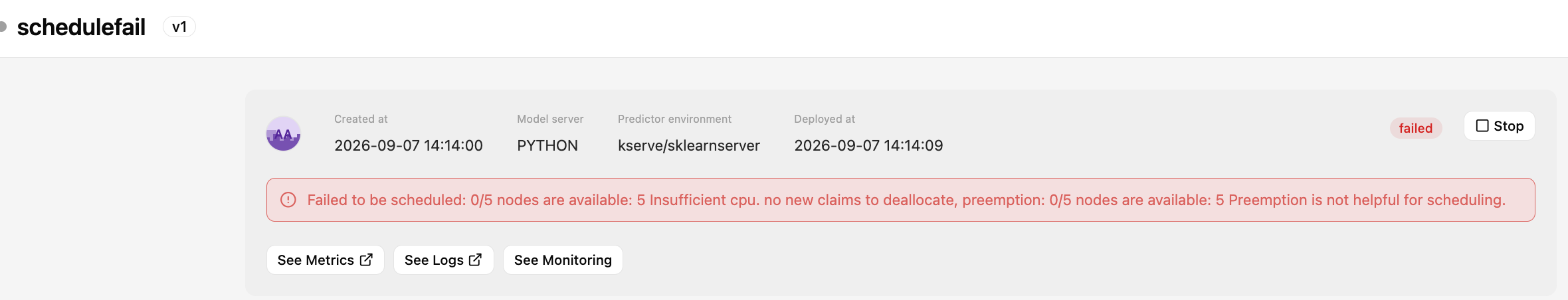 Deployment failed to schedule condition