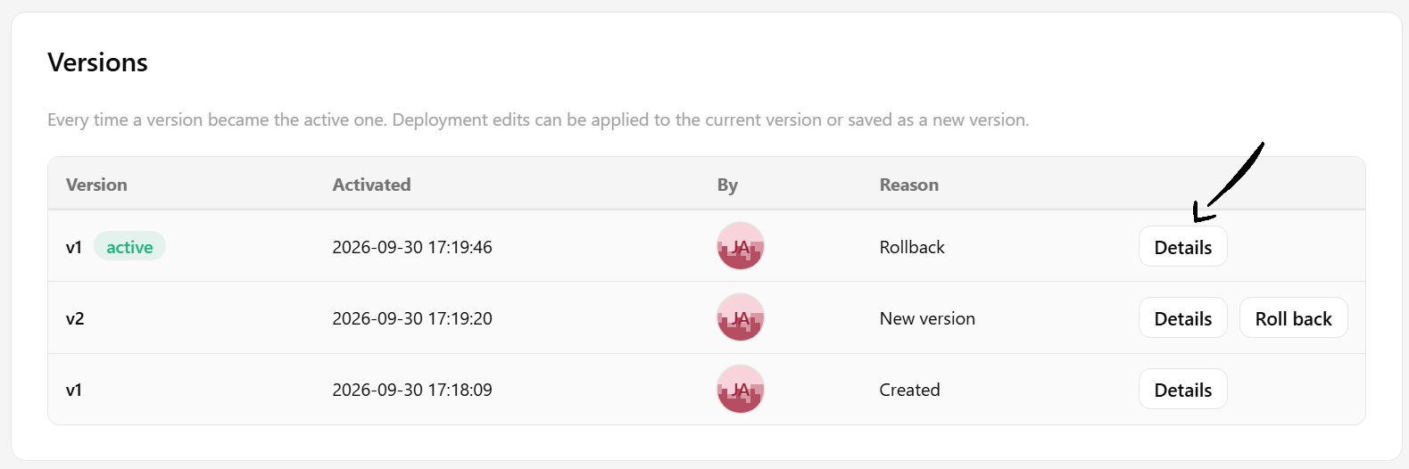 Details button in the Versions card