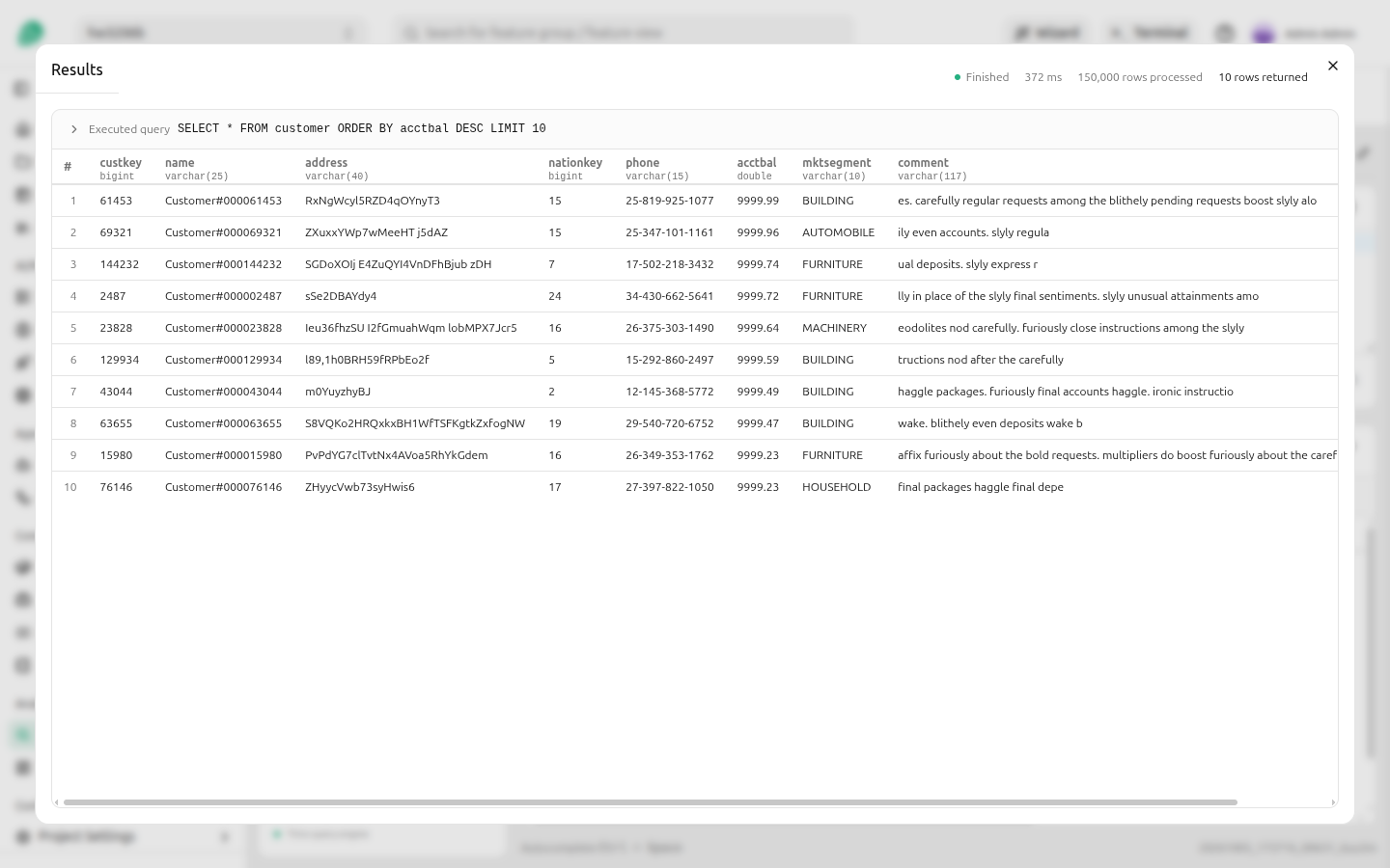 The results of a query opened in the full-size results dialog
