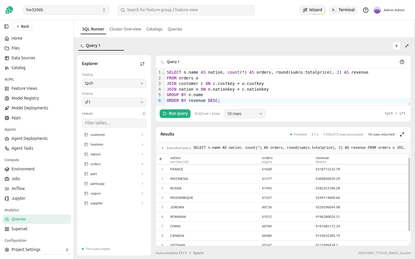The SQL runner with a query over the tpch catalog and its results