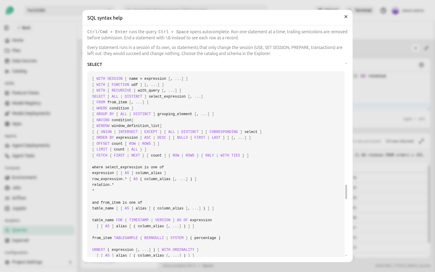 The SQL syntax help open on the SELECT statement