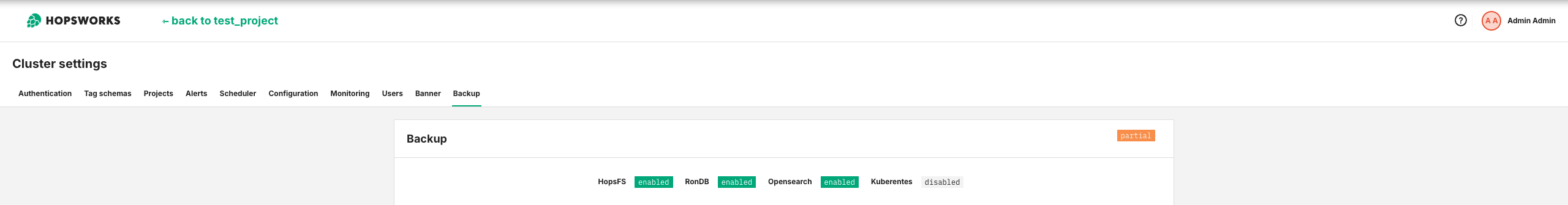 Backup overview page (partial setup)