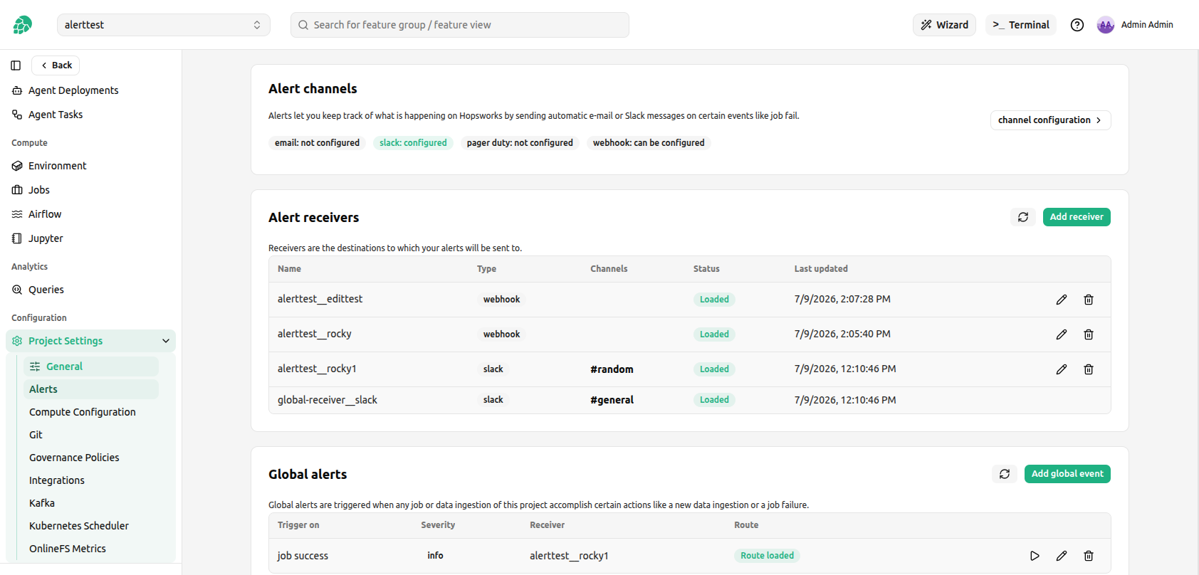 Alert receivers with load status