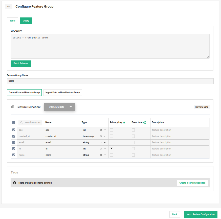 Define a SQL query in Data Sources and specify features