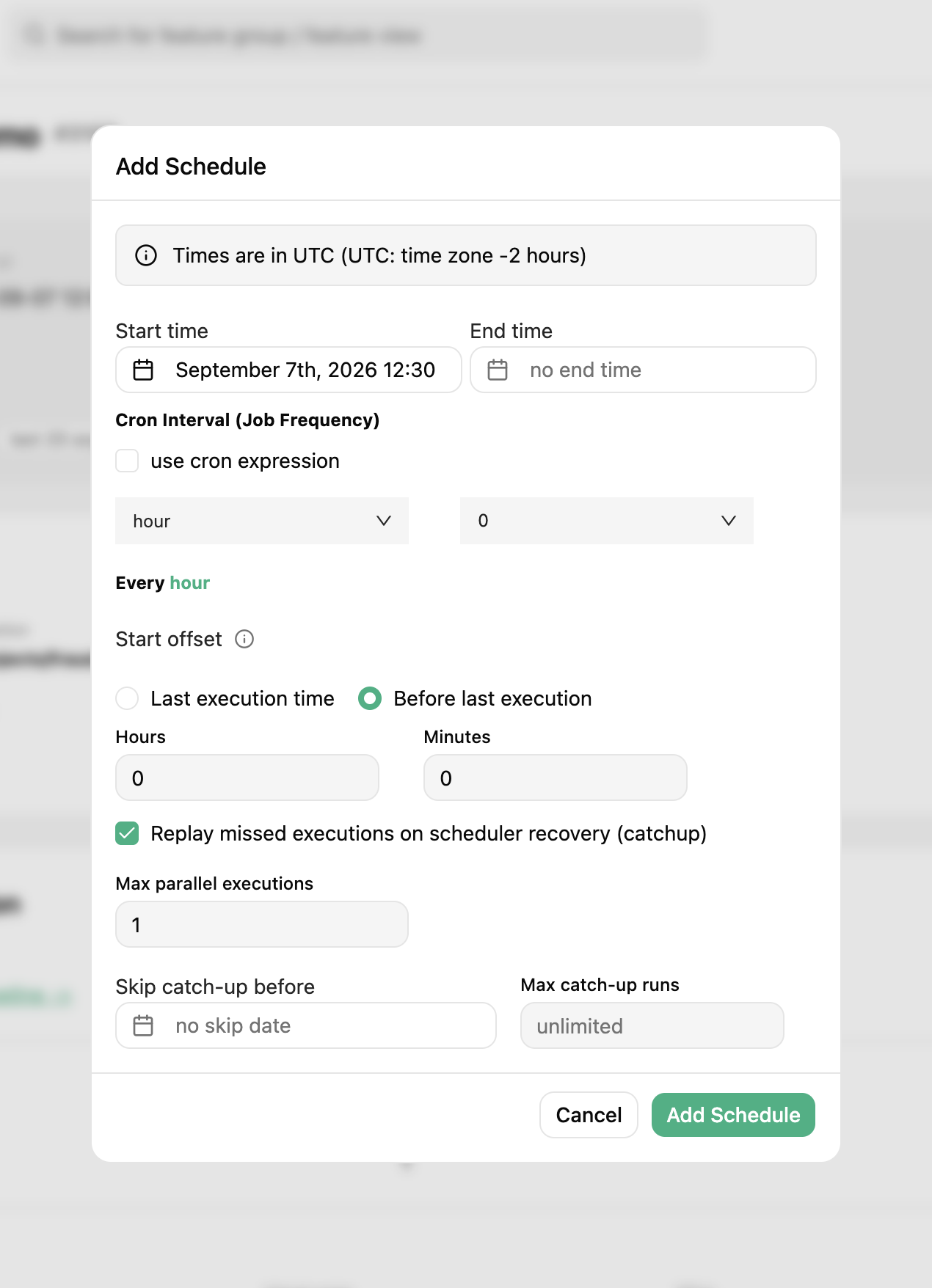 Schedule form with a start offset and catch-up enabled