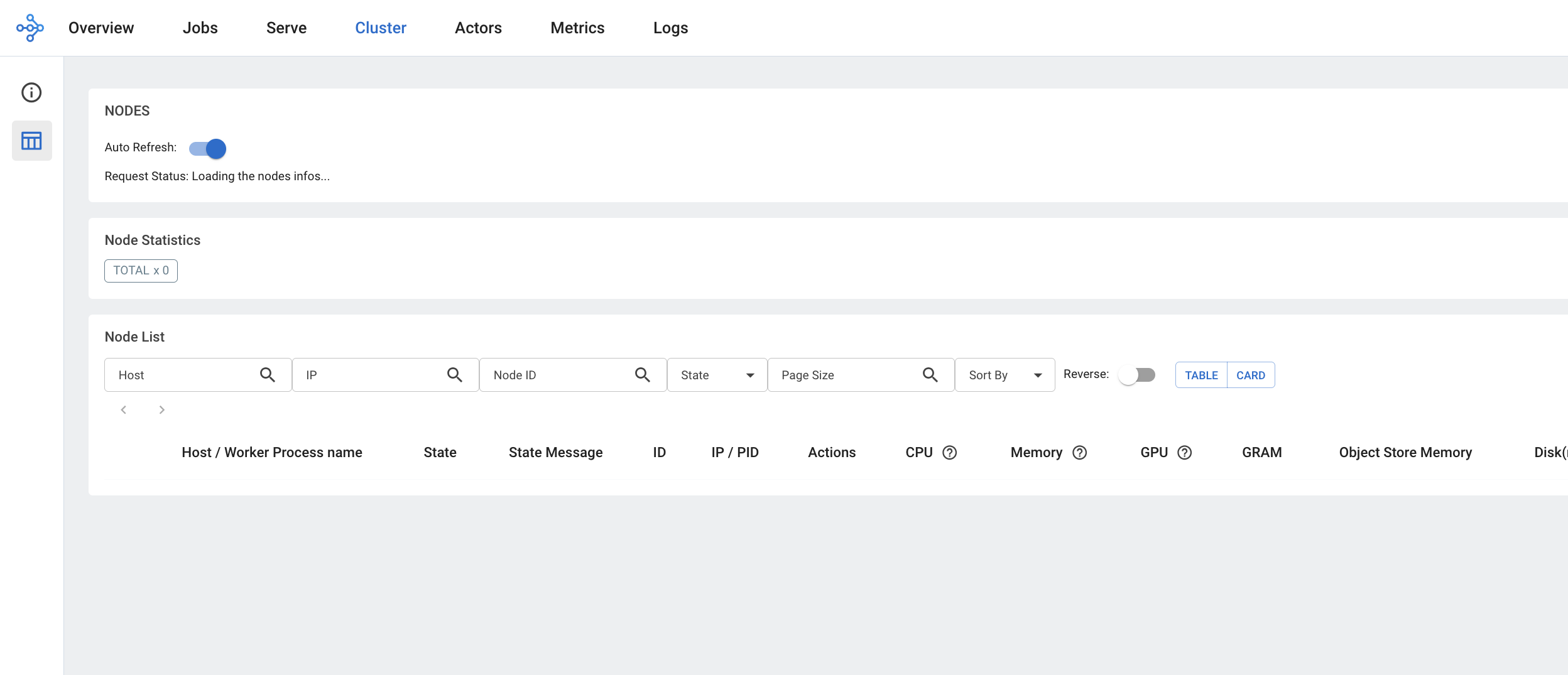 Ray Dashboard cluster view