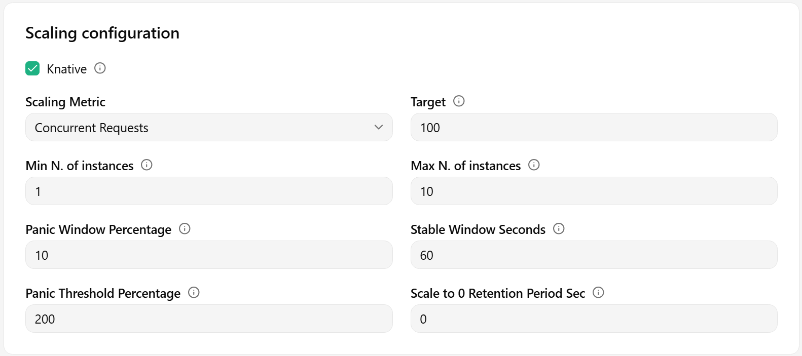 Autoscaling configuration for the predictor and transformer components in Knative mode