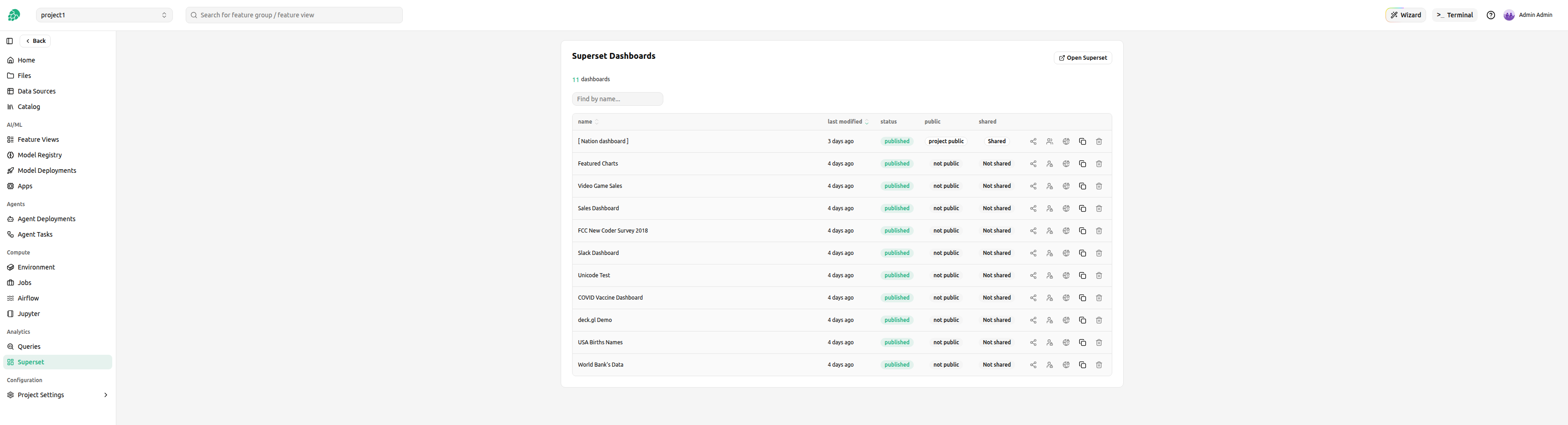 Superset dashboards page