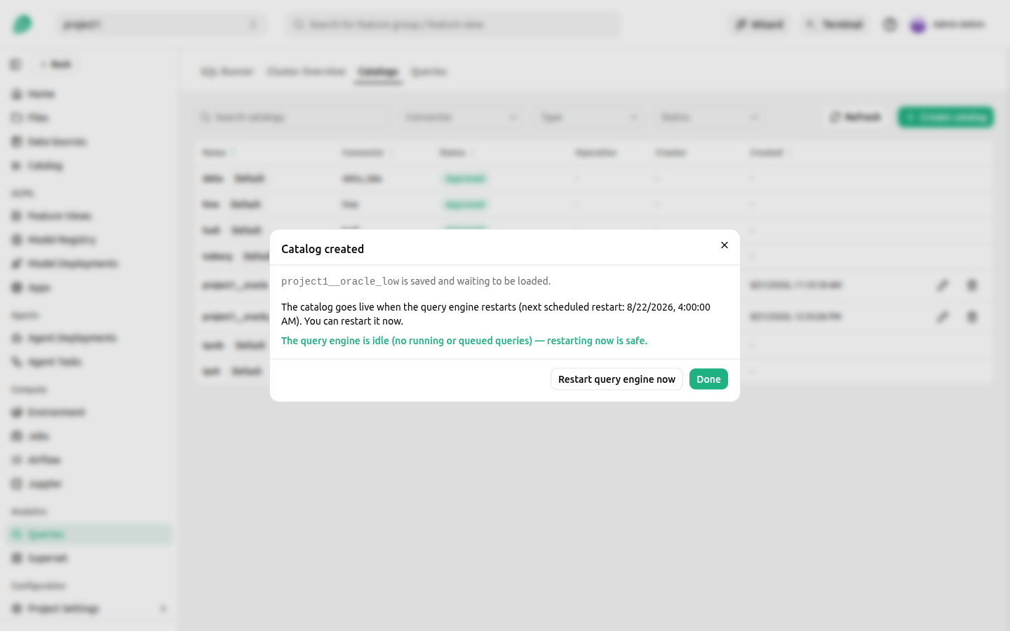 Catalog created, as a cluster administrator