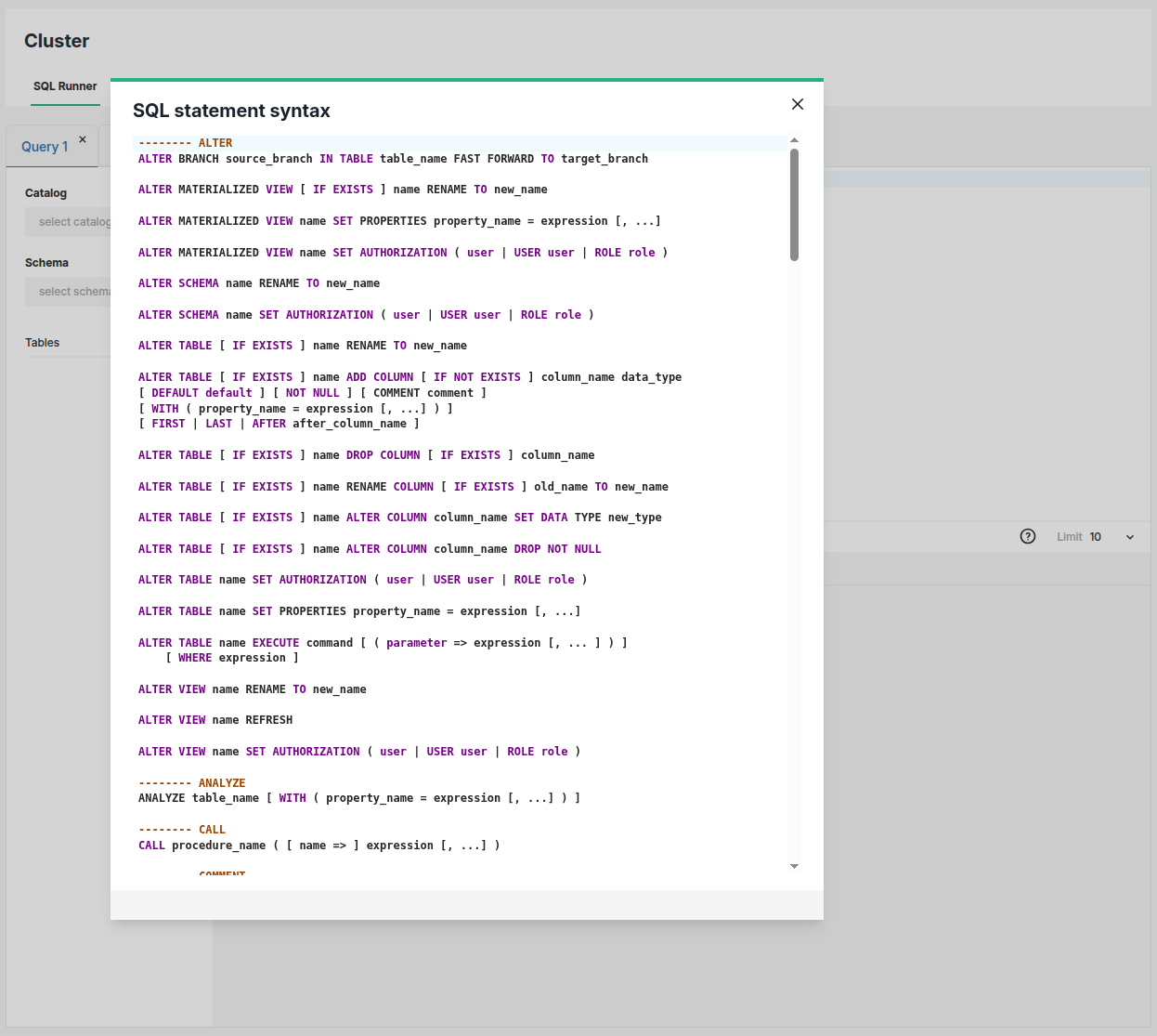 SQL statement syntax
