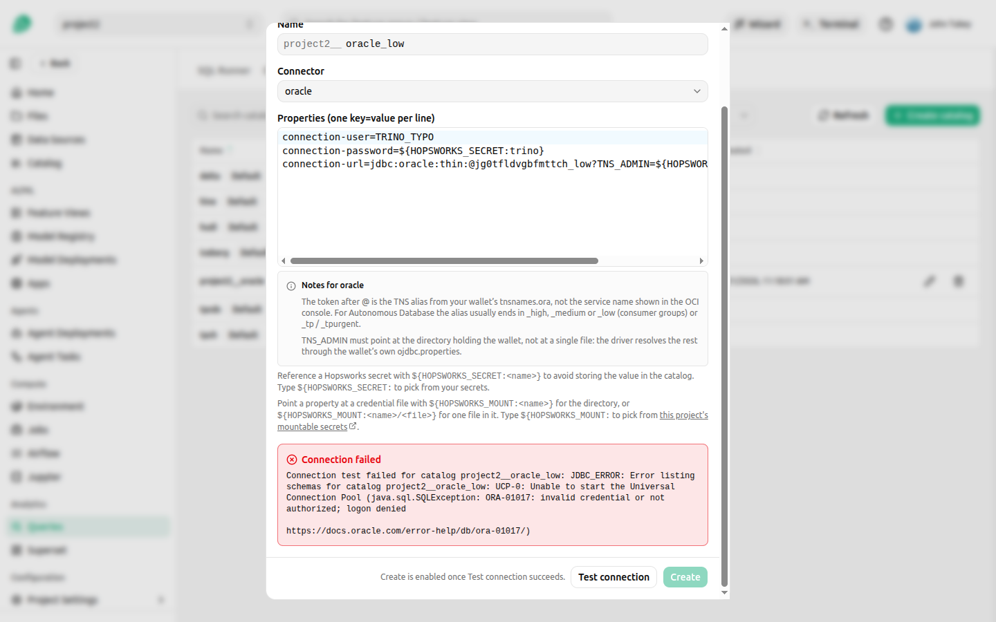 Test connection failed