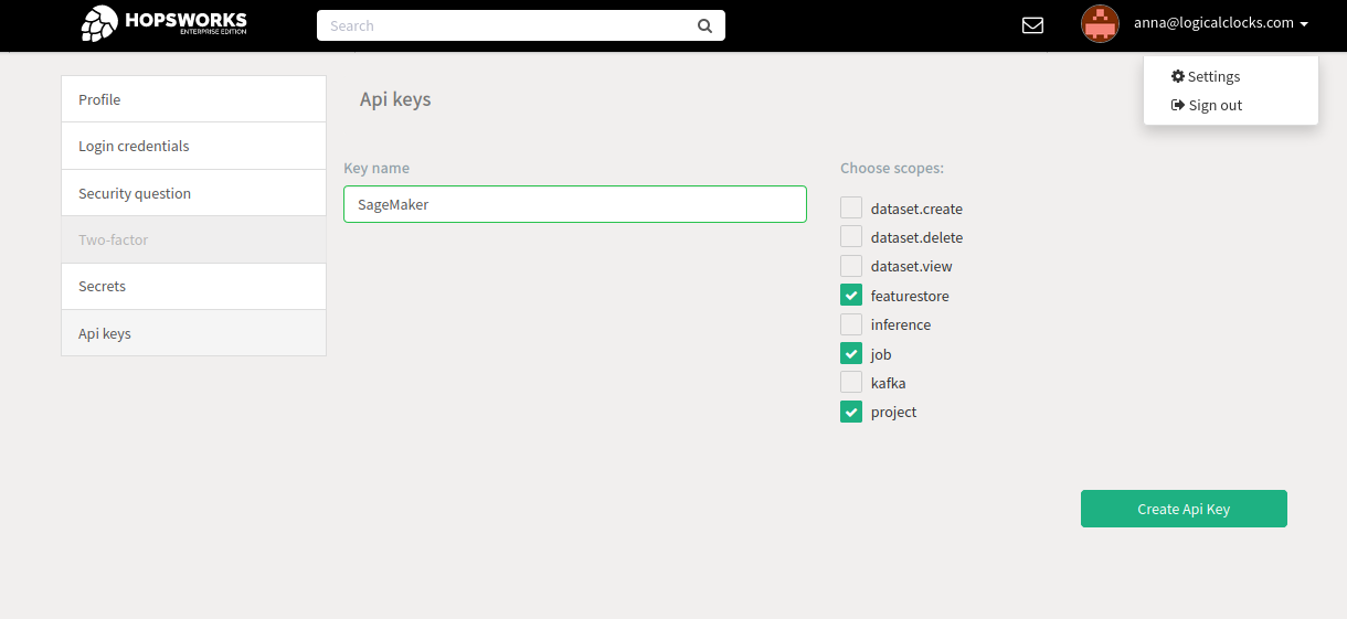 Generating an API key on Hopsworks