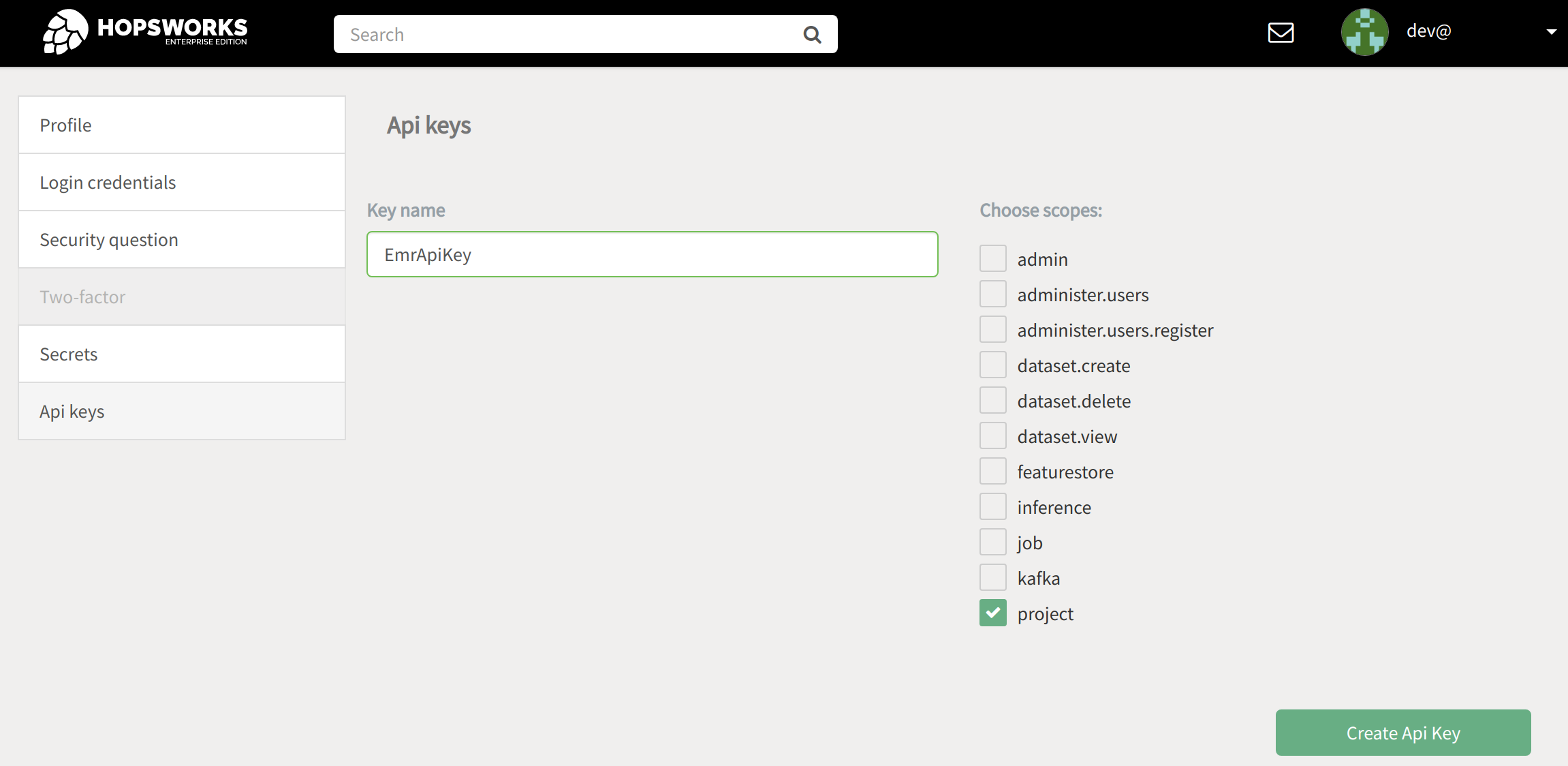 Generating an API key on Hopsworks
