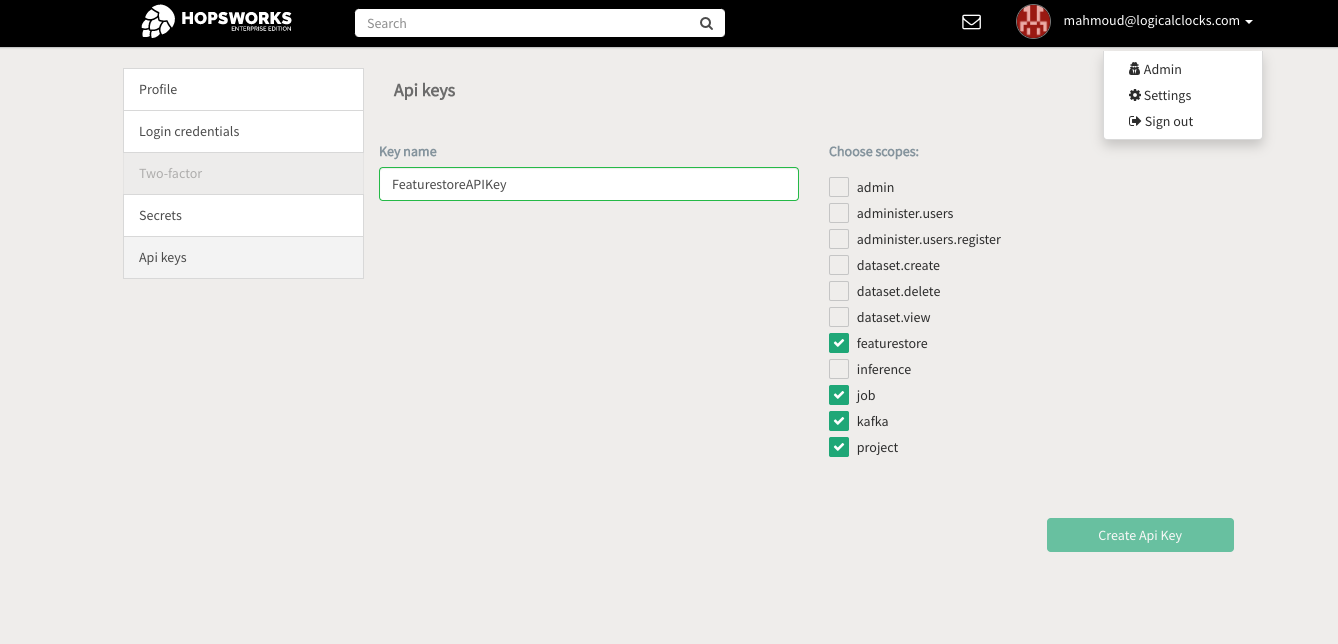 Generating an API key on Hopsworks