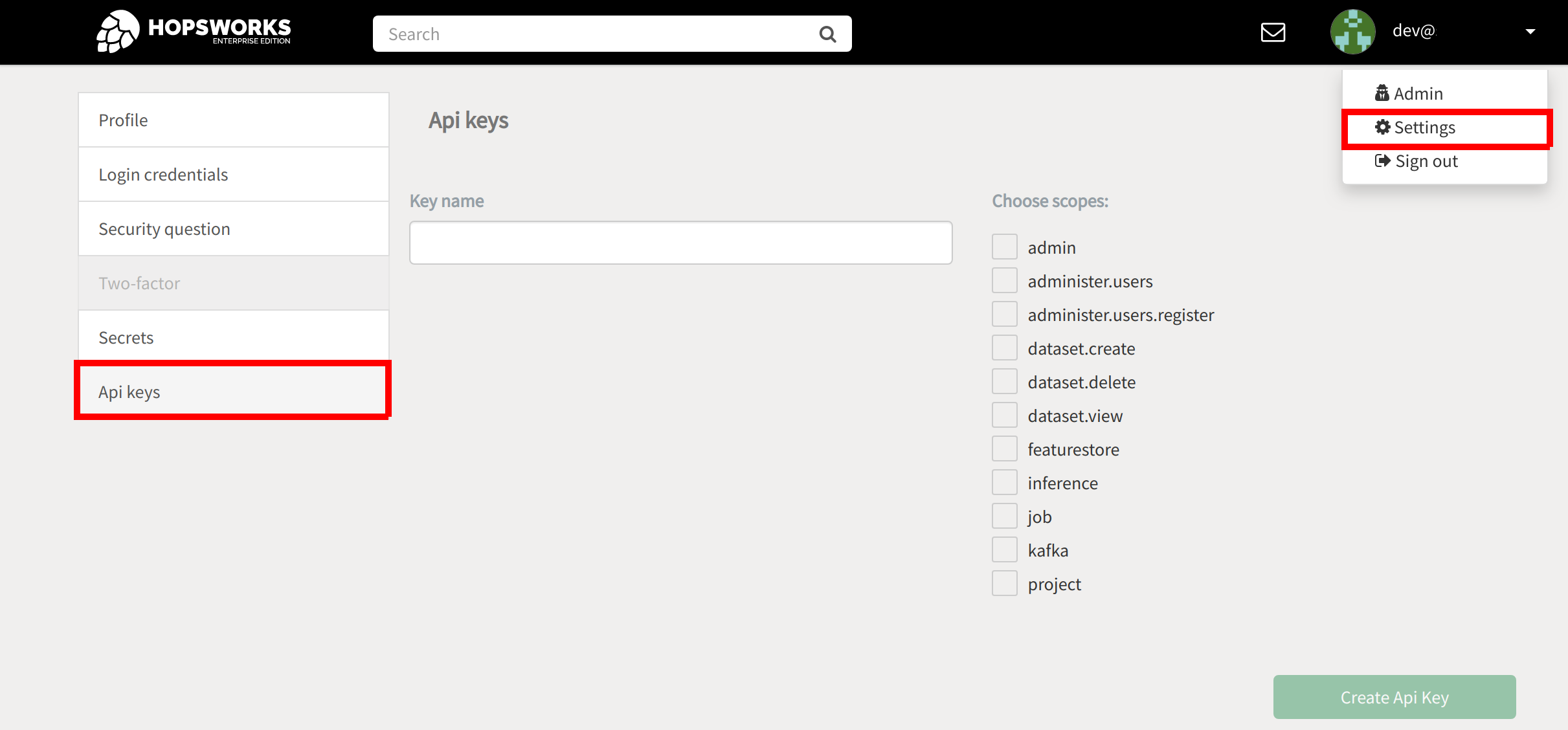 Generating an API key on Hopsworks