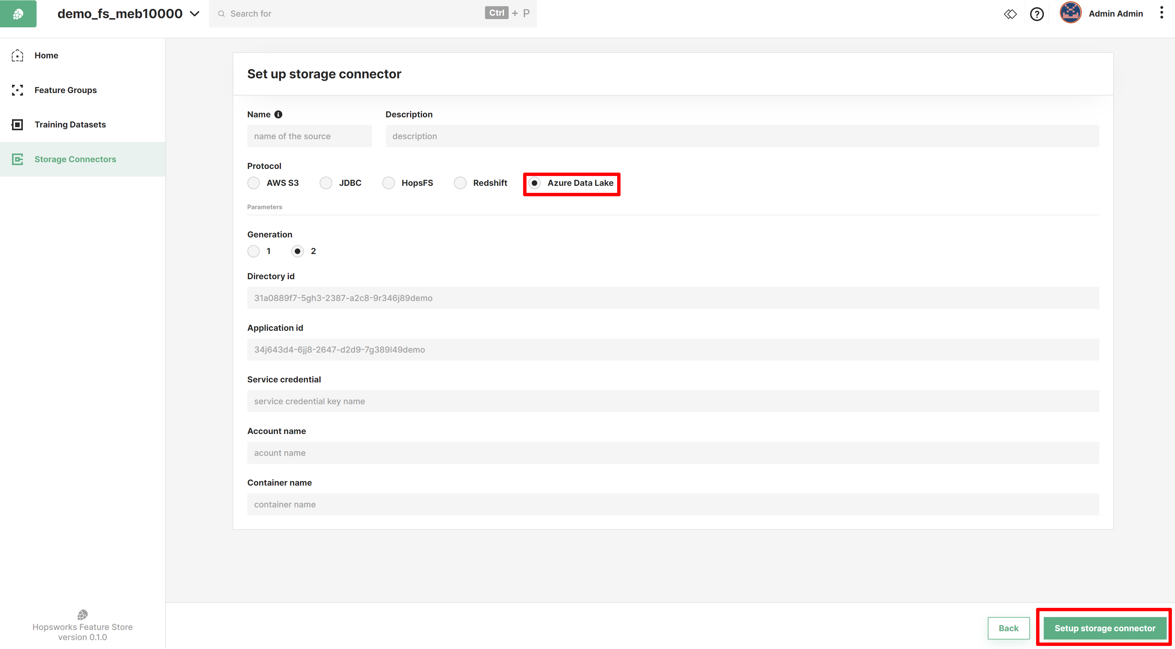 Define a Azure Data Lake storage connector using service credentials and account details.